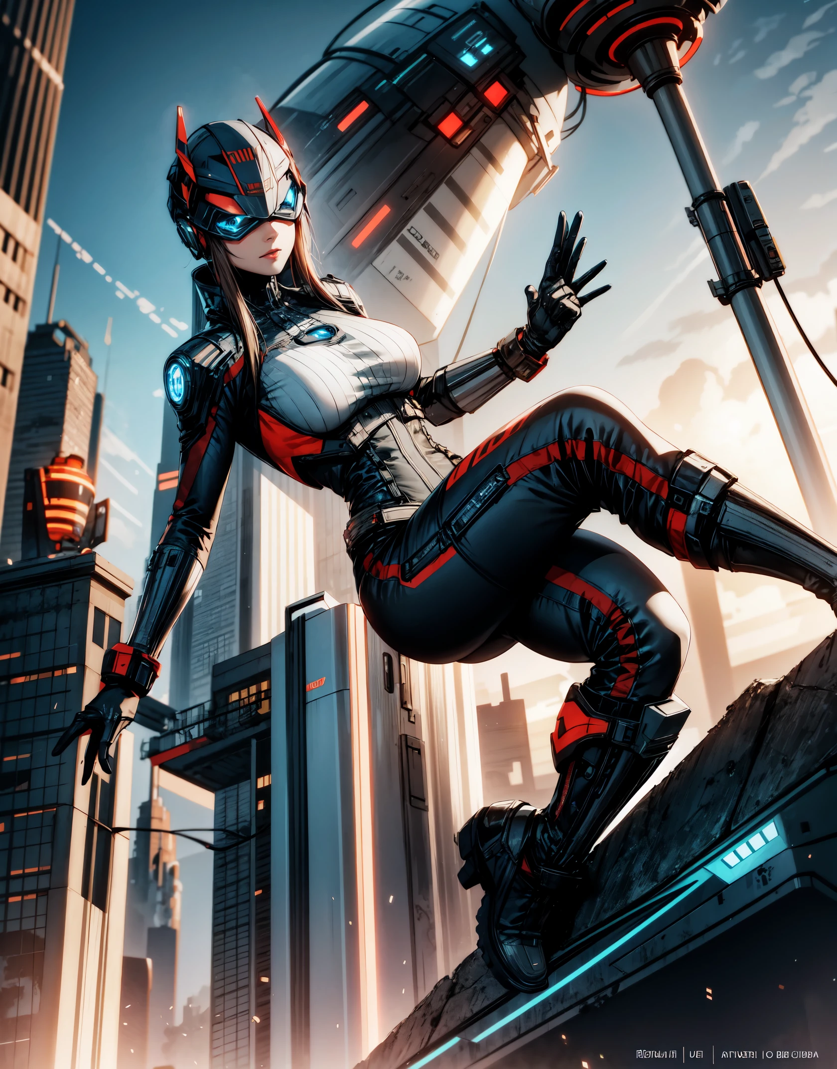 ((Masterpiece in high definition)), retro-futuristic style with steampunk elements. | In this sci-fi_futuristic scenario, a fearless woman advances with confidence through the urban environment. His futuristic jumpsuit, ornamented with pulsating light lines, highlights the harmony between technological aesthetics and his determination in the fight for nature. The cover displays rebellious symbols, emphasizing his role as a leader. The cyber mask enhances your determined eyes as it approaches the imposing energy tower. The metal structure, dominating the horizon, emanates intense light and technological activity, while the woman prepares to challenge the corporation and restore the balance between technology and nature in the floating city. | The composition enhances the determined attitude of the woman, with the cyber mask highlighting her expressive eyes. The intense lighting of the energy tower creates an atmosphere of challenge, highlighting the battle between technological and natural elements. | Futuristic scene of a fearless woman challenging a corporation in a floating city, highlighting the harmony between technological aesthetics and the struggle for nature. | {The camera is positioned very close to her, revealing her entire body as she adopts a dynamic_pose, interacting with and leaning on a structure in the scene in an exciting way} | ((perfect_pose):1), She is adopting a ((dynamic_pose as interacts, boldly leaning on a structure, leaning back in a dynamic way):1.3), ((full body)), ((hands_with_5_fingers):1), ((perfect_fingers):1), ((perfect_legs):1), better_hands, More_Detail.
