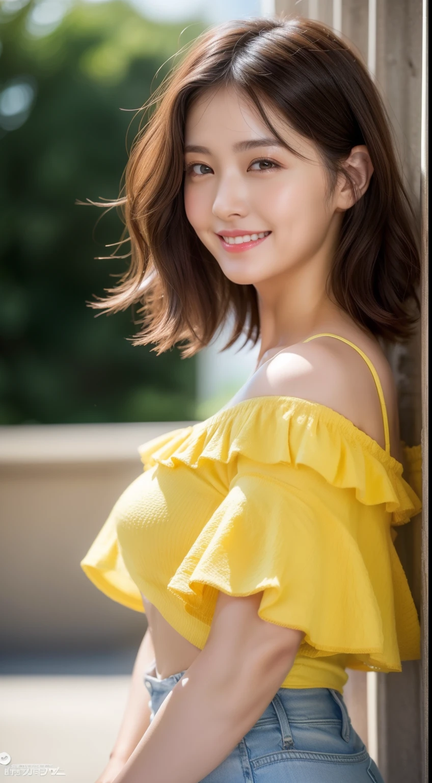 Enhanced dynamic perspective,cute cute beautiful girl,((Ruffled yellow cotton off-shoulder top))、short length pants、Look at me and smile, long hair、(Top quality real texture skin:1.4)、backgound,works of masters,high quality,4K resolution,Ultra-fine,detailed pubic hair,correct,cinematic lighting,Retain original facial proportions、(Big breasts that are about to burst 1.5)、