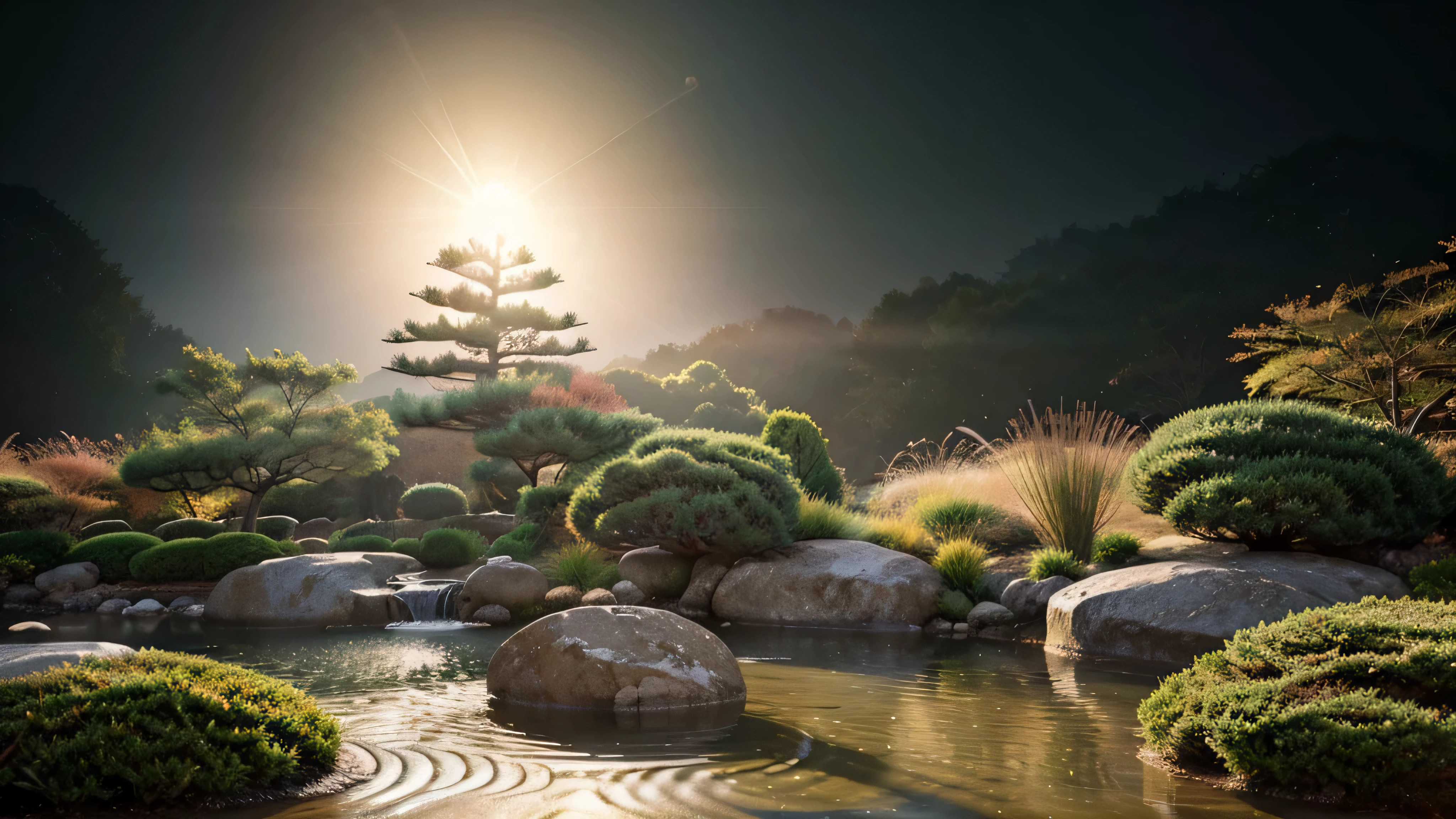 zen garden, landscape, light abstraction, Cover art with light abstraction, vector art, Contemporary Chinese art, Gradient of color, Soft color palette, layered forms, Whimsical animation, The style is ethereal and abstract