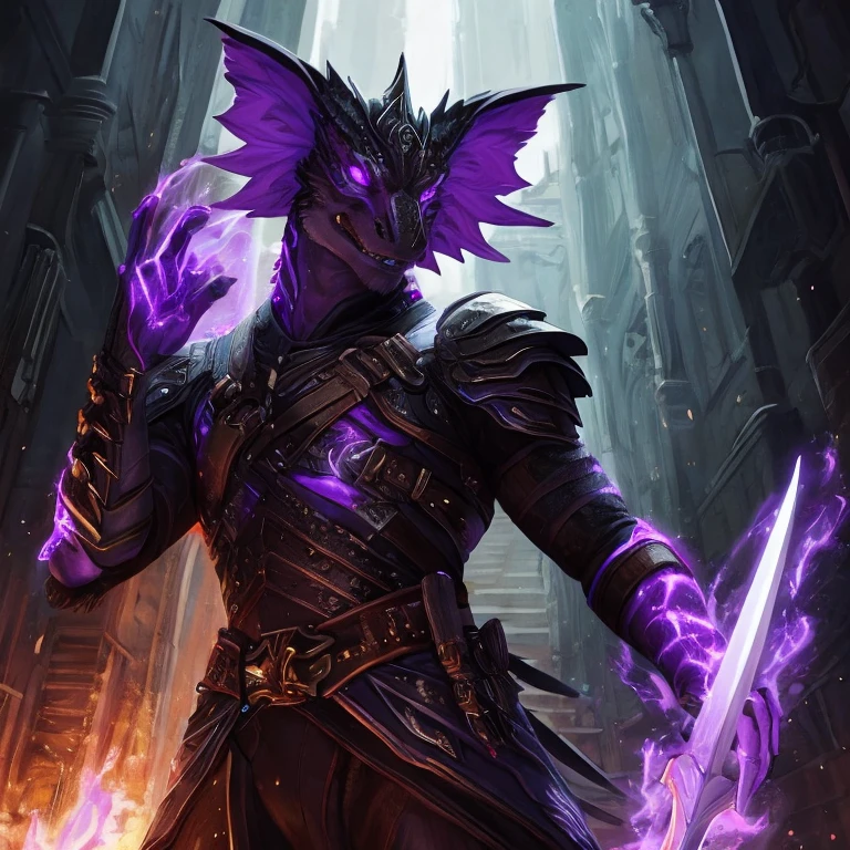 Ultra realistic, hyperrealistic, highly detailed scale texture, lizardfolk, green scales, glowing purple eyes, glowing purple tattoos, wearing leather armour, holding purple flame sword, dungeon background, glowing magic effects,