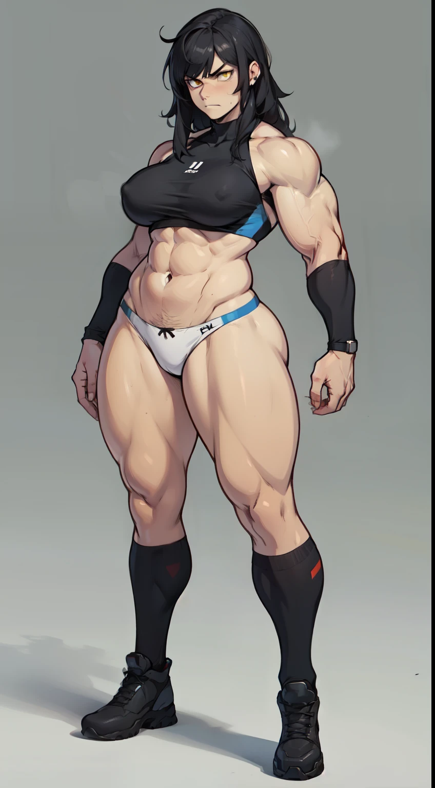 sad frown muscular girl muscular girl black hair yellow eyes pale skin breasts full body thick