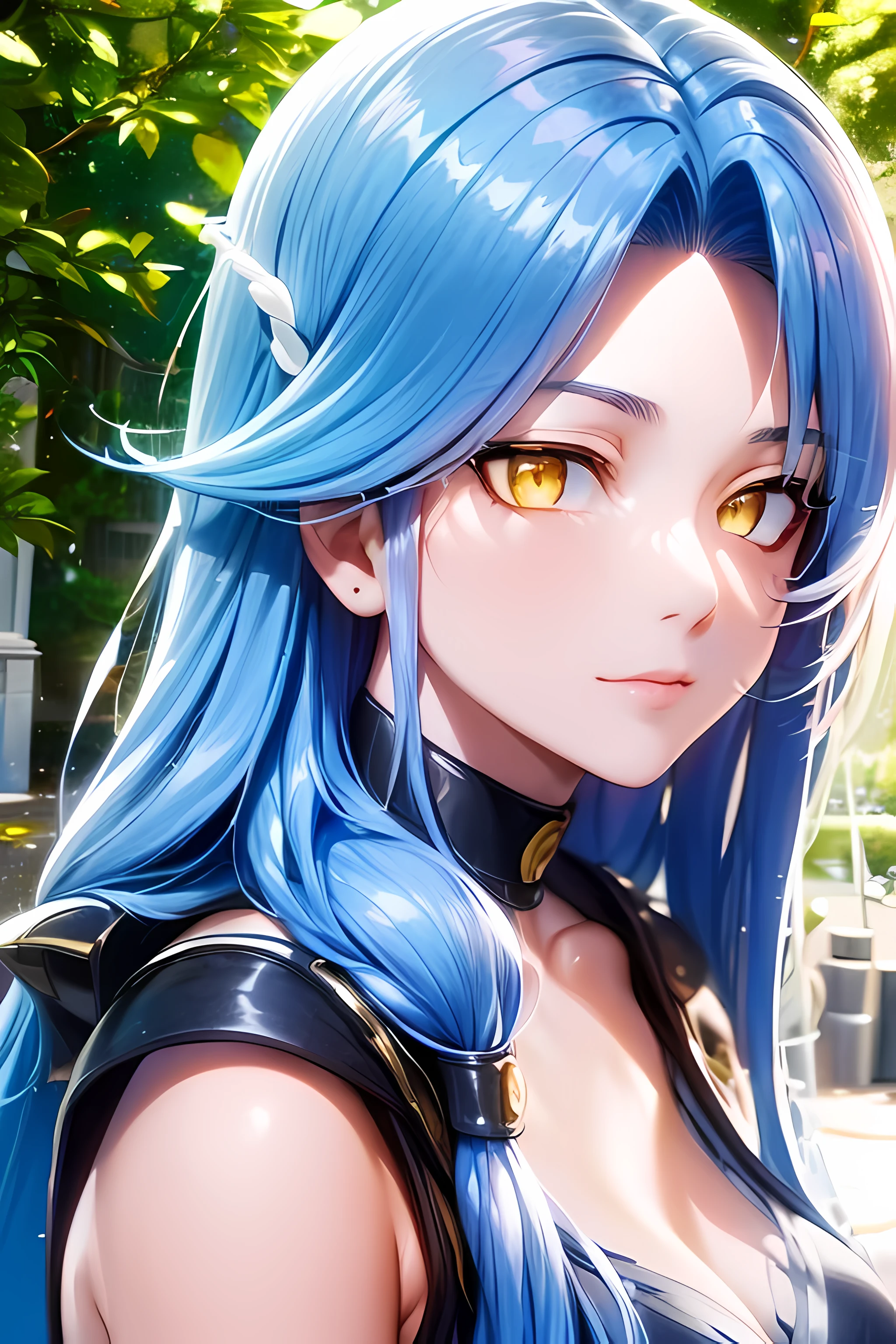 ((best quality)), ((masterpiece)), (detailed), ((perfect face)),1 girl, ((long blue hair, yellow eyes:2)), white long hooded dress, hooded dress, standing , (detailed sunlight:1.2), (outside:1:3), (slow build, detailed:2)