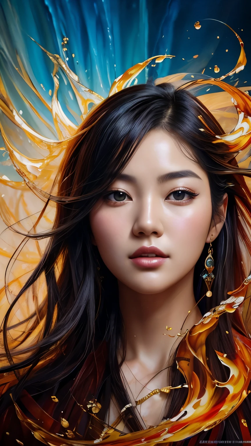 Colorful beautiful korean idol: a girl, 28-years old, messy hair, (oil painting style:1.4), close up, nice perfect face with soft skinice perfect face, intricate detailed face feature, natural color, colorful ambien, 8k resolution, masterpiece, cute face,artstation, digital painting, smooth Black ink flow: 8k resolution photorealistic masterpiece: intricately detailed fluid gouache painting: calligraphy: acrylic: oil painting art, professional photography, natural lighting, volumetric lighting, maximalist photoillustration: by marton bobzert:, complex, elegant, expansive, fantastical, artistic, aesthetic, imaginative, wavy hair, vibrant, photon mapping
