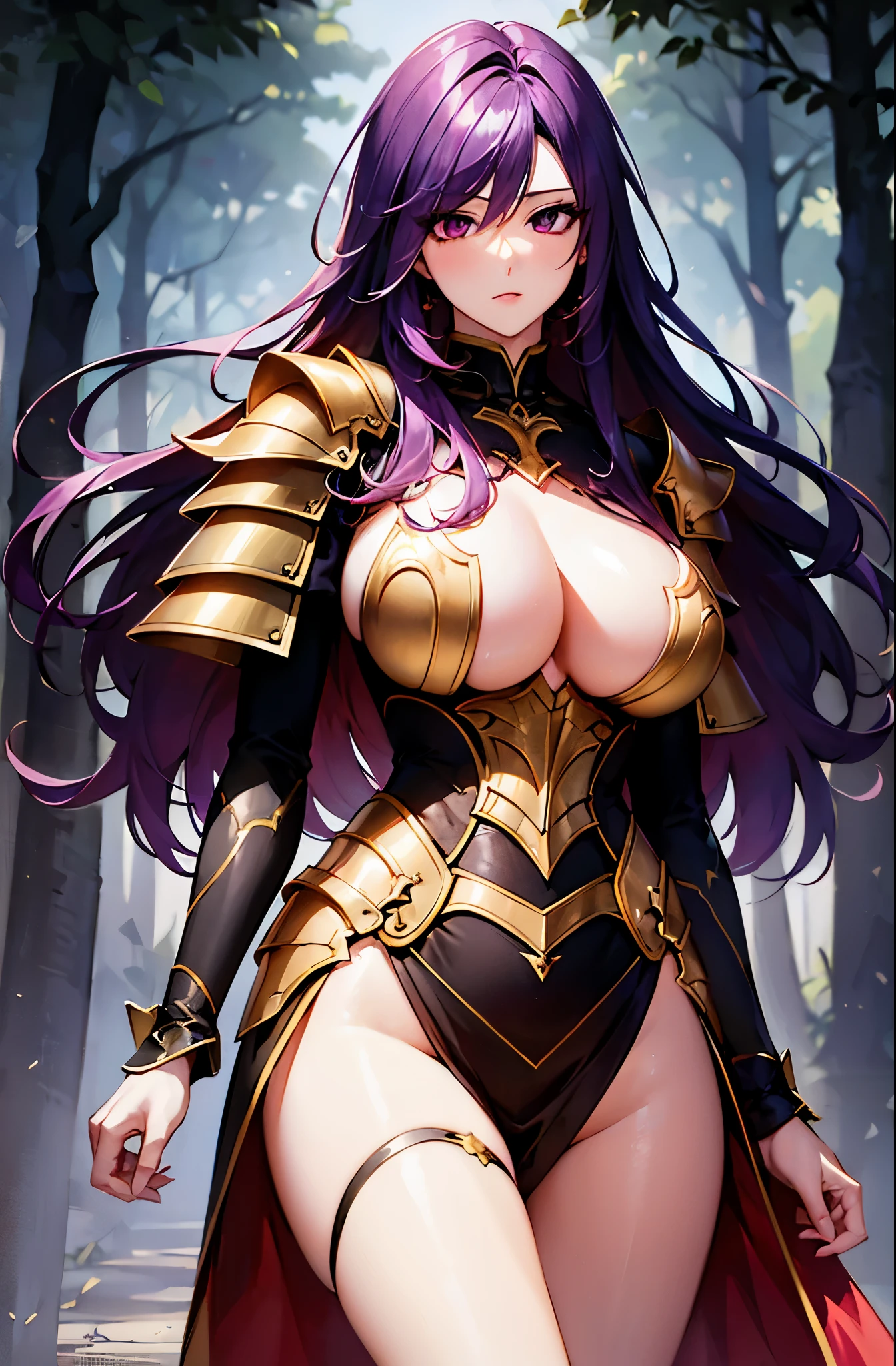 sexy style, 1 woman, mature, tall, dark purple hair, long hair, straight hair, violent eyes, delicate, feminine face, wearing armor on the shoulders, medieval black armor, armor with golden details, dress open on the sides, legs open to the shows, sexy legs, front posing, use of red katana, mystical forest scene, perfect lighting, illustration style.