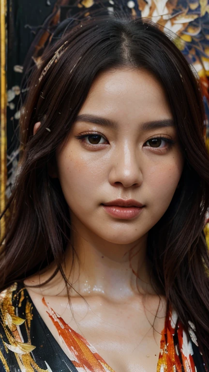Colorful beautiful korean idol: a girl, 28-years old, messy hair, (oil painting style:1.4), close up, nice perfect face with soft skinice perfect face, intricate detailed face feature, natural color, colorful ambien, 8k resolution, masterpiece, cute face,artstation, digital painting, smooth Black ink flow: 8k resolution photorealistic masterpiece: intricately detailed fluid gouache painting: calligraphy: acrylic: oil painting art, professional photography, natural lighting, volumetric lighting, maximalist photoillustration: by marton bobzert:, complex, elegant, expansive, fantastical, artistic, aesthetic, imaginative, wavy hair, vibrant, photon mapping