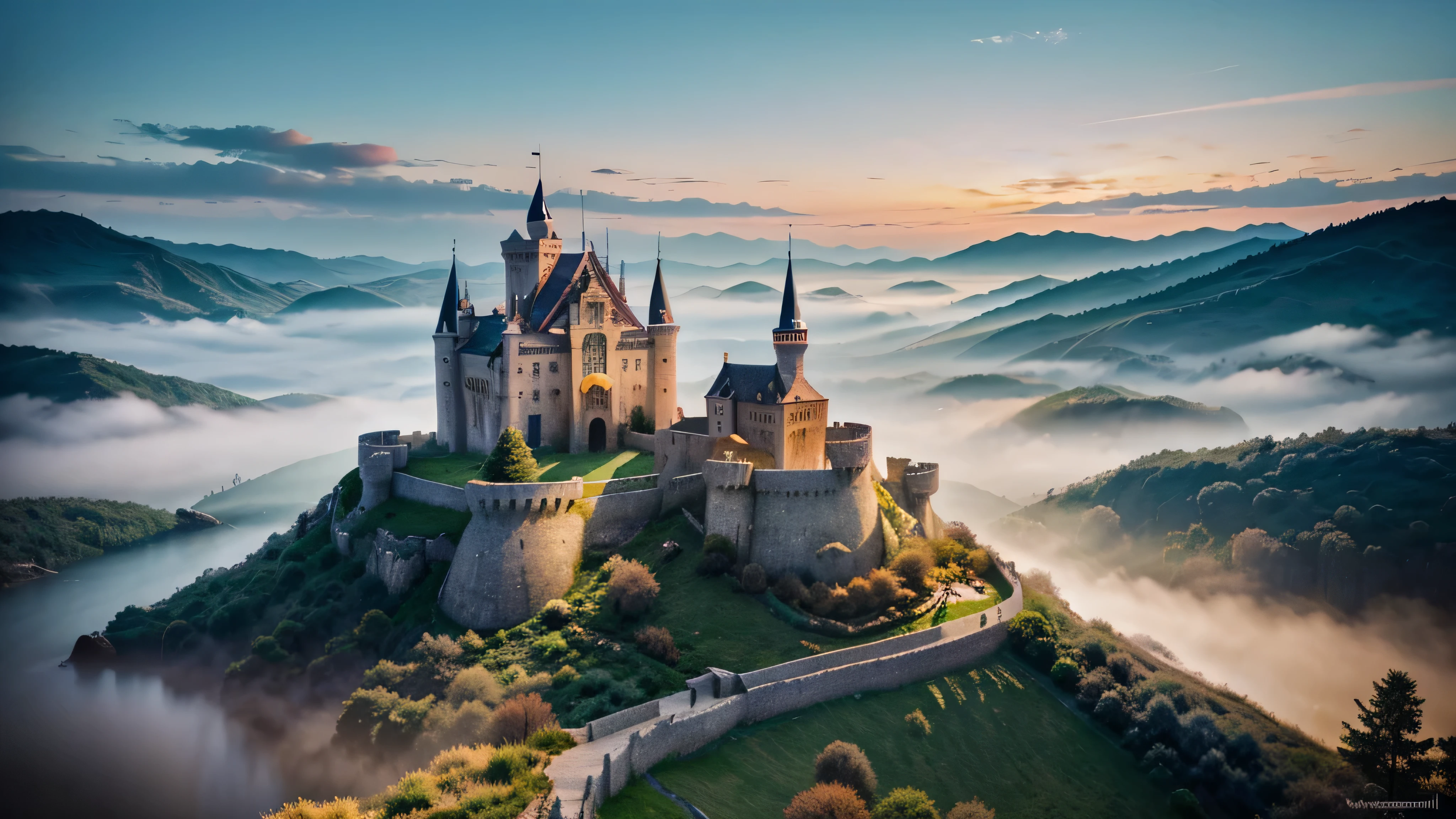 remote medieval castle, landscape, light abstraction, Cover art with light abstraction, vector art, Contemporary Chinese art, Gradient of color, Soft color palette, layered forms, Whimsical animation, The style is ethereal and abstract