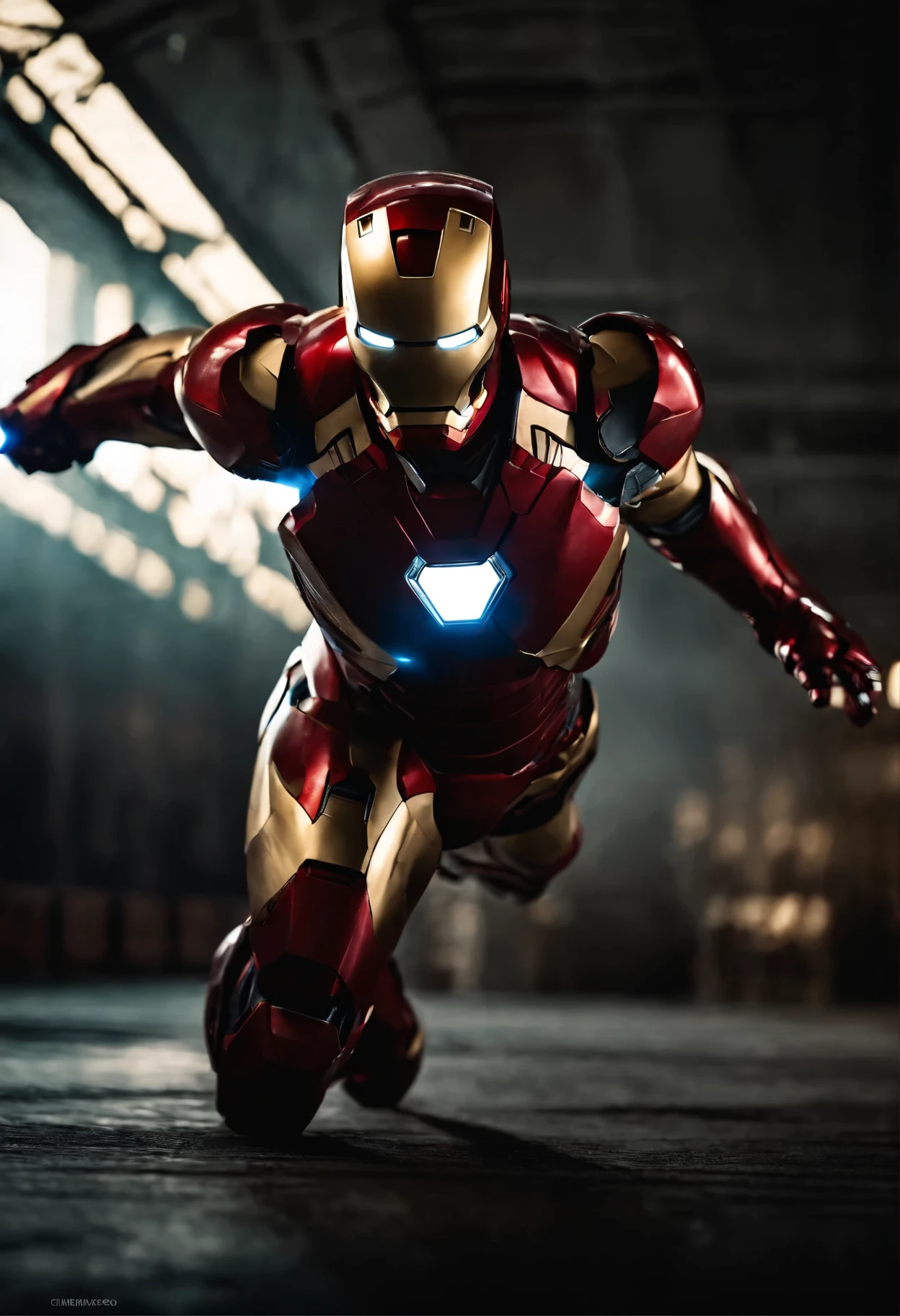 Iron Man, fighting, MK2 suit, perfect body, cinematic light, heroic, full body, fight scene