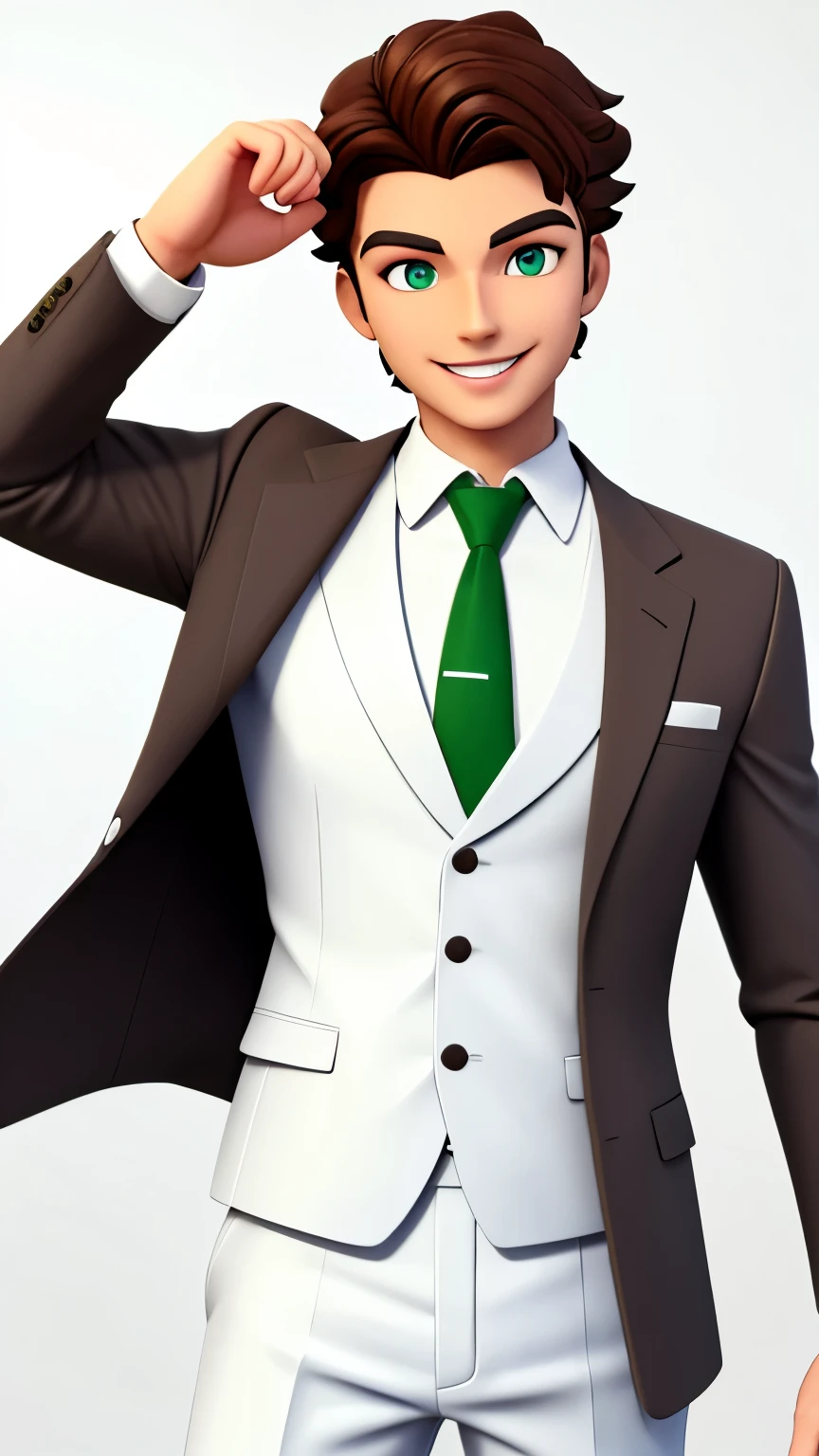 a man with white skin and green eyes 3d style smiling with medium brown hair (( wearing a suit )) com o fundo preto
