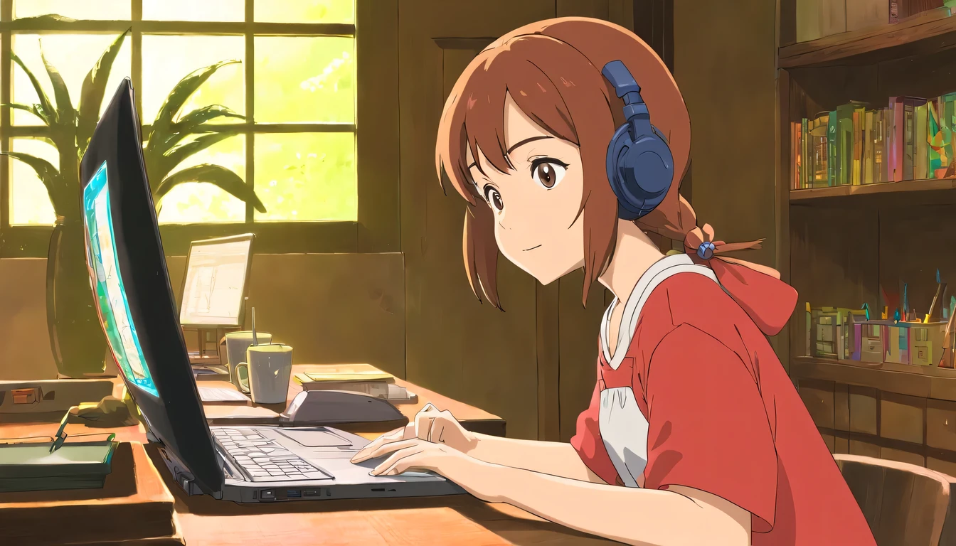 anime girl sitting at a desk with a laptop and headphones on, an anime drawing inspired by Atey Ghailan, trending on cg society, computer art, screenshot from the anime film, still from anime, still from tv anime, anime movie screenshot, anime film still, today's featured anime still, anime movie scene, anime still, lofi artstyle