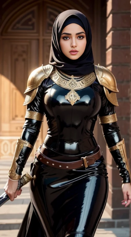 RAW, Best quality, high resolution, Masterpiece: 1.3), Beautiful Iranian woman in hijab,Masterpiece, best quality,8k, brown eyes, perfect eyes,black latex cloth,leather armor,sword