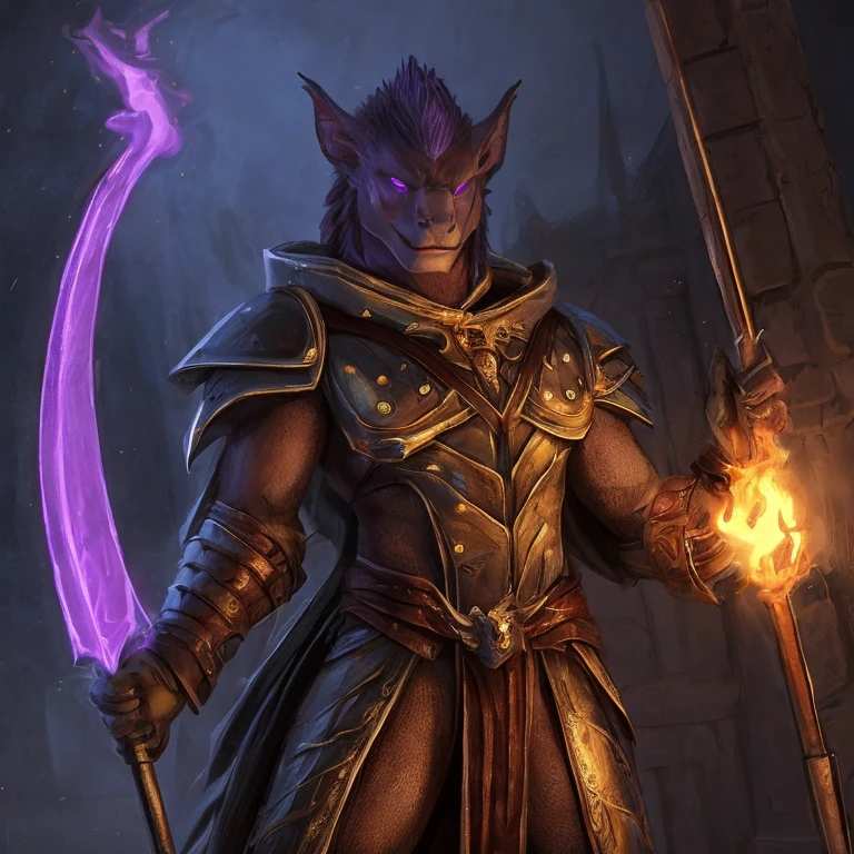 Ultra realistic, hyperrealistic, highly detailed scale texture, d&d dragonkin, green scales, glowing purple eyes, glowing purple tattoos, wearing rough leather armour, holding purple flame sword, dark dungeon background, glowing magic effects, 