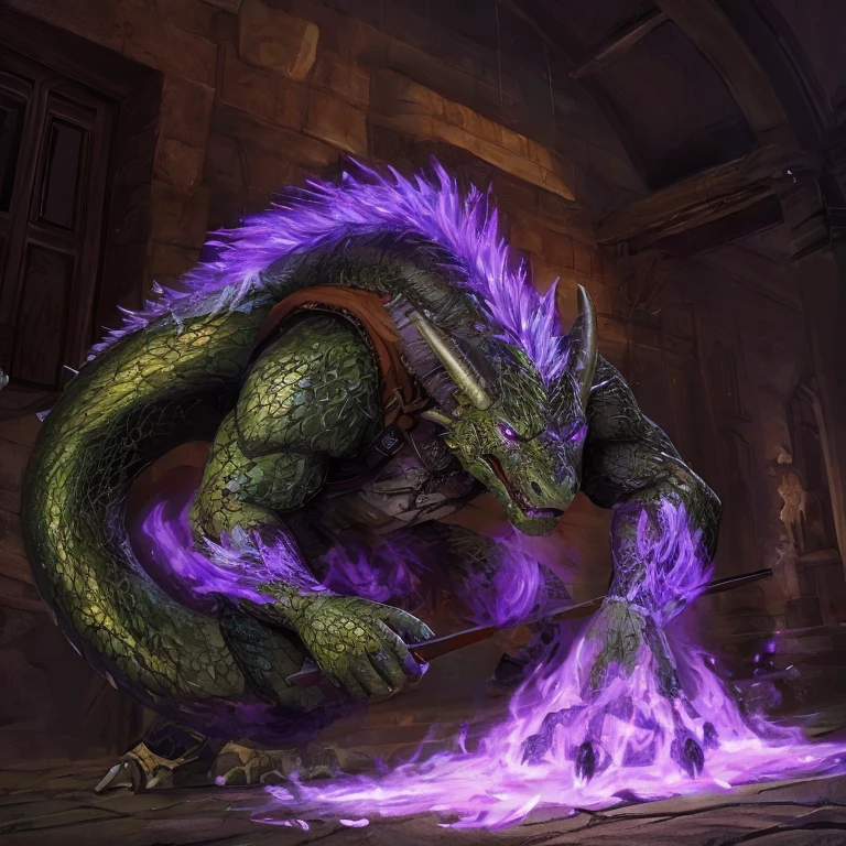 Ultra realistic, hyperrealistic, highly detailed scale texture, d&d dragonkin, green scales, glowing purple eyes, glowing purple tattoos, wearing rough leather armour, holding purple flame sword, dark dungeon background, glowing magic effects,