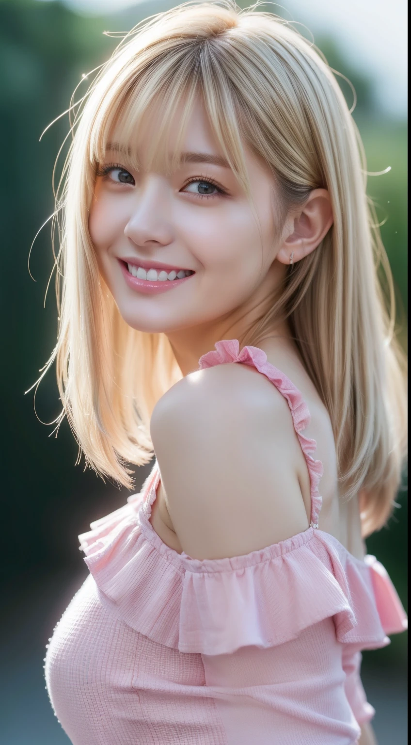  pale blonde teenage girl with bangs soft silky hair blue-green eyes taking a photo with the sun on her face in a square with grass on the ground , and smiling with her rosy cheeks and eyeliner 