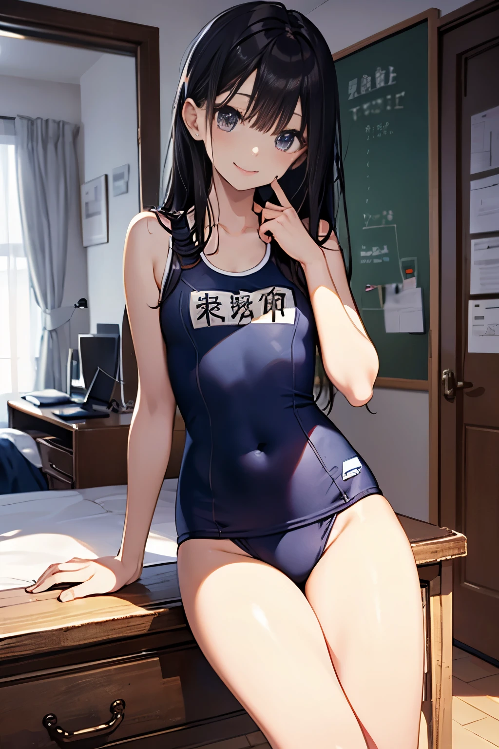 High quality、highest quality、complete limbs、Ultra high definition、Smooth straight hair、Shining eyes、full finger、slender beauty、smile、Wearing a school swimsuit、shiny skin、knee high、girl's cute room、Dramatic Writing