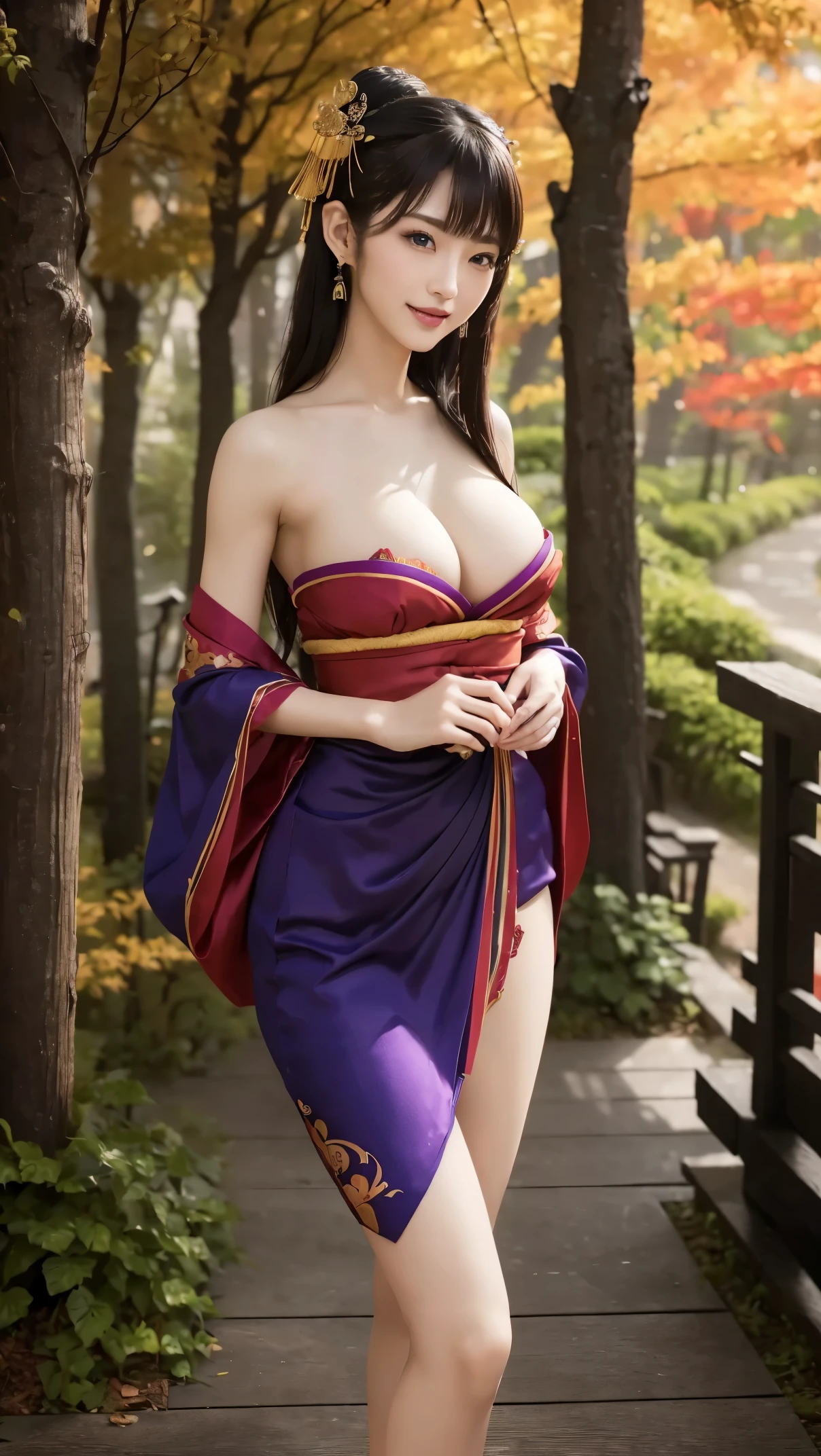 (Super elaborate CG Unity 8K wallpaper), (masterpiece), (highest quality), (realistic), geisha, sexy kimono, dance, elf, pointed ears, ((best quality)), (super detailed)), (((photo)), autumn Japan forest, big breasts, slender body, provocative smile 