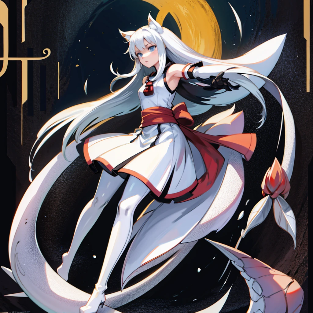 8k, resolution, high quality, high resolution, best quality, best resolution, absurd resolution, ray tracing, high detailed, masterpiece, extremely detailed,shoulder length white hair, female,white 2 wolf ears, teenage girl, slim body, white scale dragon tail,black boots,black leggings, school skirt, white jacket, medium size chest, detailed blue eyes, detailed beautiful face,solo female,1 dragon tail, detailed eyes, tomboyish