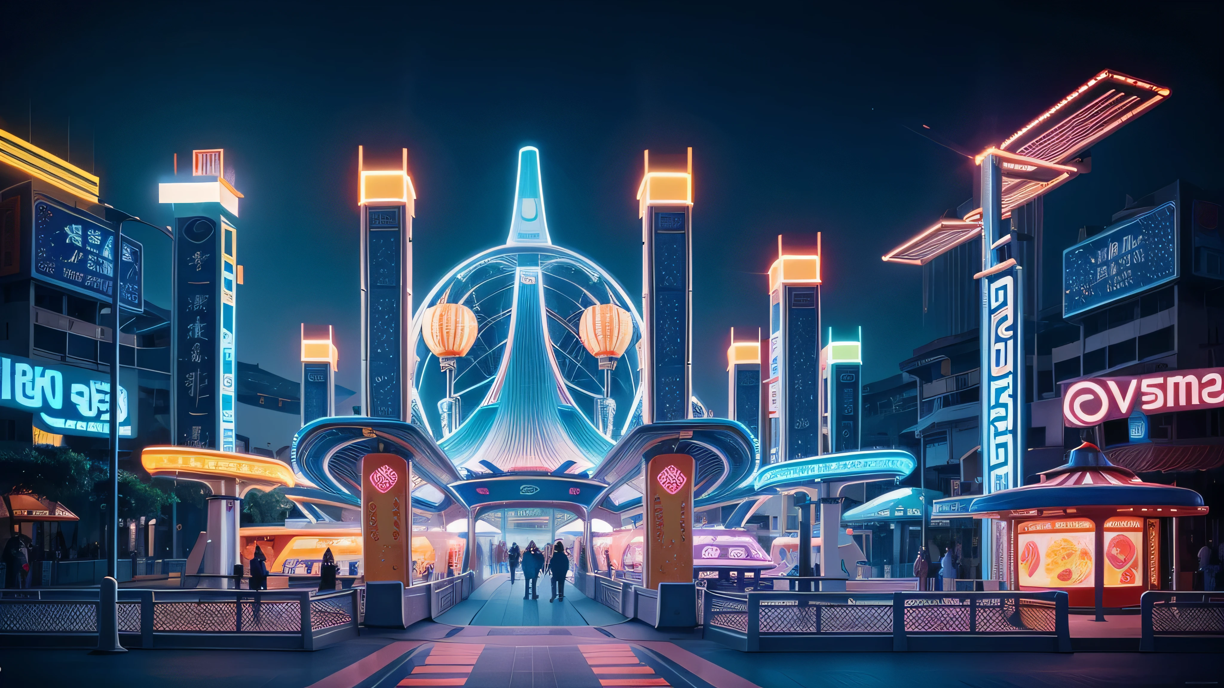 futuristic amusement park, light abstraction, Cover art with light abstraction, vector art, Contemporary Chinese art, Gradient of color, Soft color palette, layered forms, Whimsical animation, The style is ethereal and abstract