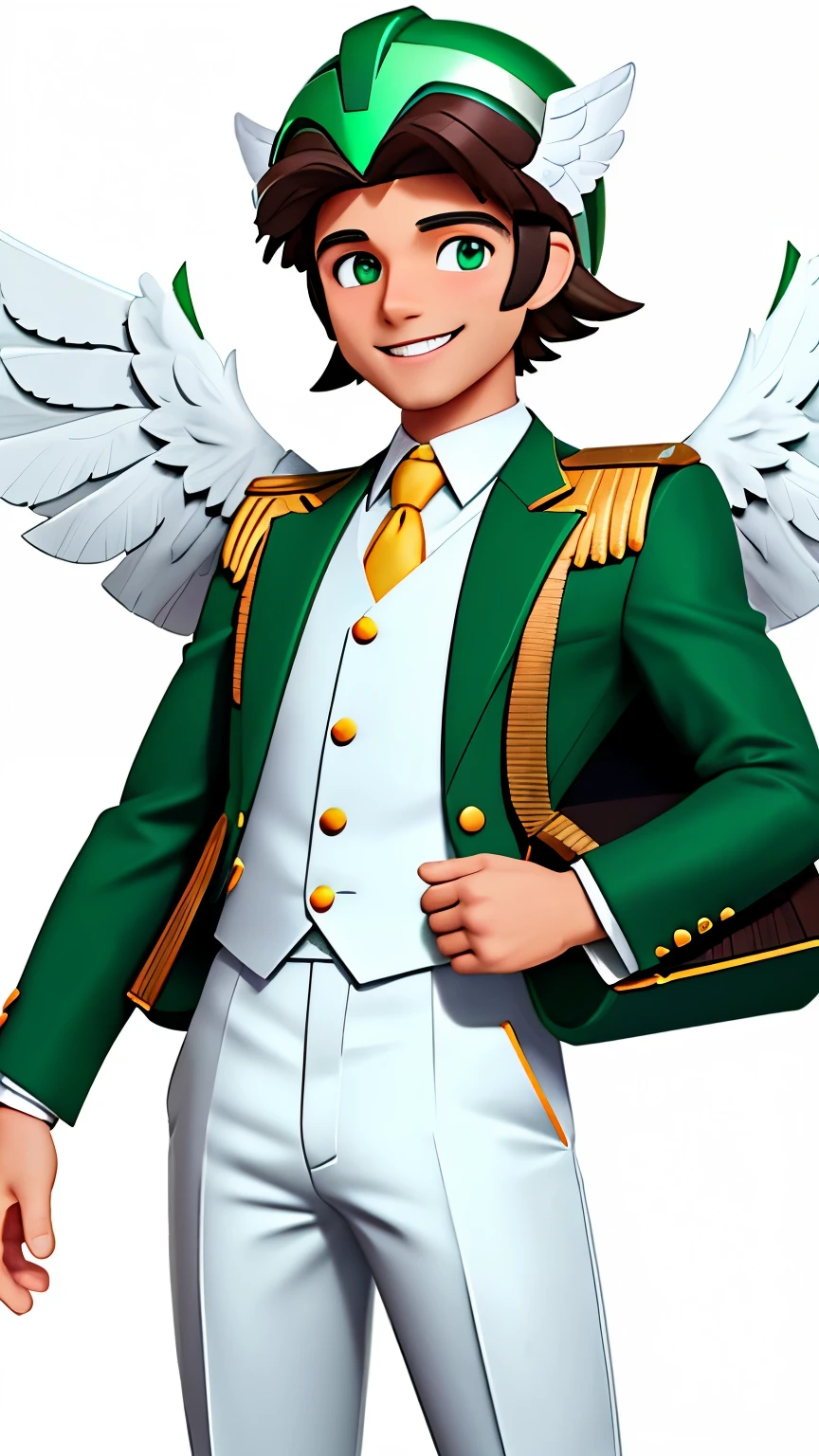 a man with white skin and green eyes 3d style smiling with medium brown hair ( wearing a winged helmet ) (( wearing a suit )) com o fundo preto