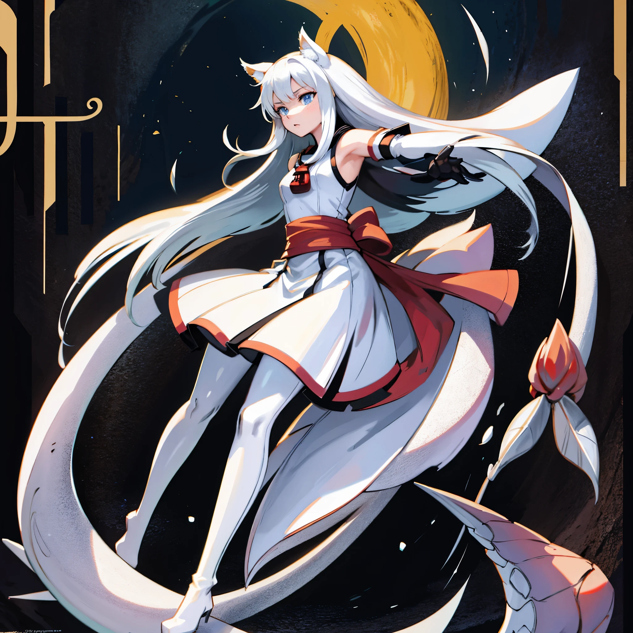 8k, resolution, high quality, high resolution, best quality, best resolution, absurd resolution, ray tracing, high detailed, masterpiece, extremely detailed,shoulder length white hair, female,white 2 wolf ears, teenage girl, slim body, white scale dragon tail,black boots,black leggings, school skirt, white jacket, medium size chest, detailed blue eyes, detailed beautiful face,solo female,1 dragon tail, detailed eyes, tomboyish