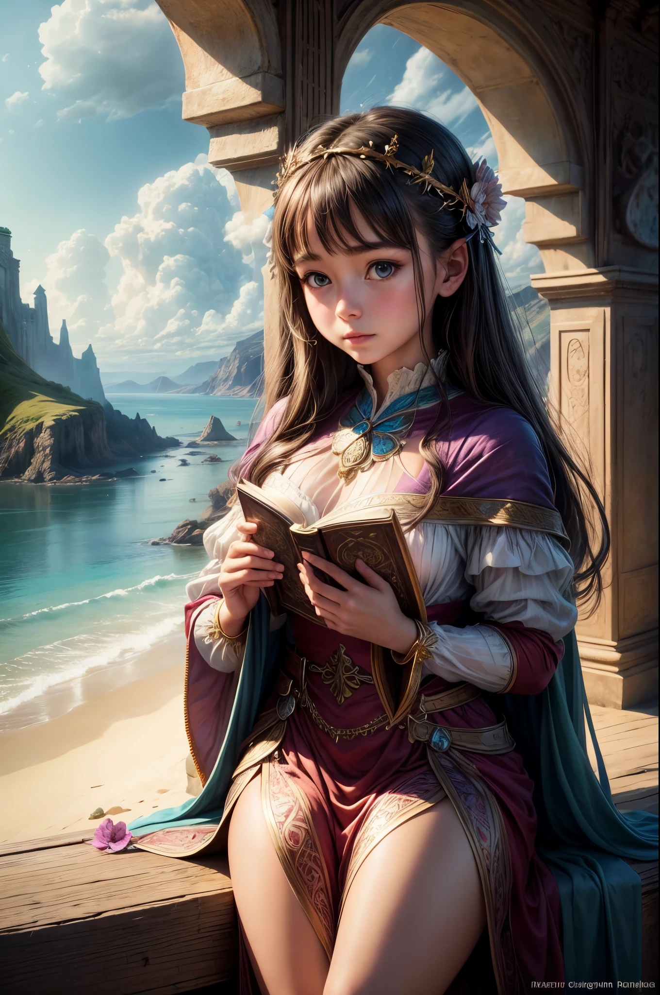 "A realistic photograph of a girl, adorned in enchanting attire, holding an ancient-looking book against the backdrop of a serene seascape. The magic in the air is palpable, accentuated by the soft play of light and shadow. The image merges fantasy and reality,  it an ideal cover for a magical adventure novel."