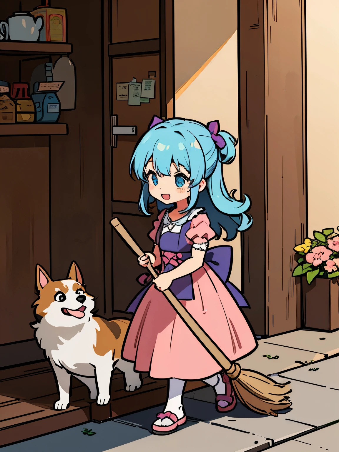 Girl holding a broom in her hands, sweeps the floor with a broom, a dog stands next to the girl and holds a broom in its teeth and also sweeps, illustration for children&#39;s fairy tale book
