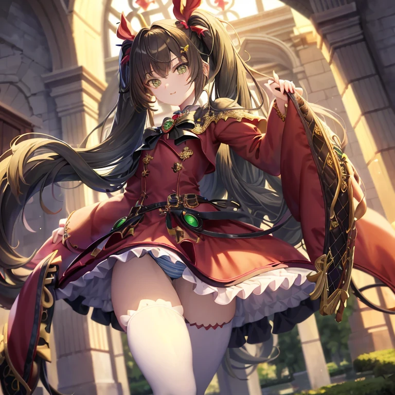 (masterpiece), (best quality), detailed,
1 girl, soro, twintails, long wavy hair twintails.hairs between eyes,dark green eyes ,dark green hair, (magical girl:1.2),
bow, dress, (pink:0.6), over legwear, boots, too many frills, too many bow, standing,striped panties.magical stick, mechanical stick, magic cercle, frying,