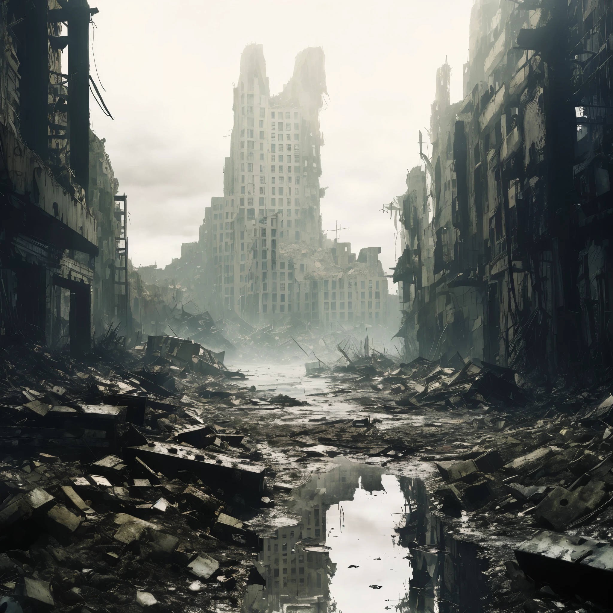 Gorgeous cityscape，There  a puddle of water in the middle, in a post apocalyptic city, outdoors ruined cityscape, destroyed city in background, post - apocalyptic city, dystopian wasteland, Ruined cityscape, em uma paisagem urbana arruinada, destroyed city, post - apocalyptic city streets, An abandoned dystopian city, apocalyptic city, post apocalyptic city, dystopian scifi apocalypse, bleak apocalyptic environment