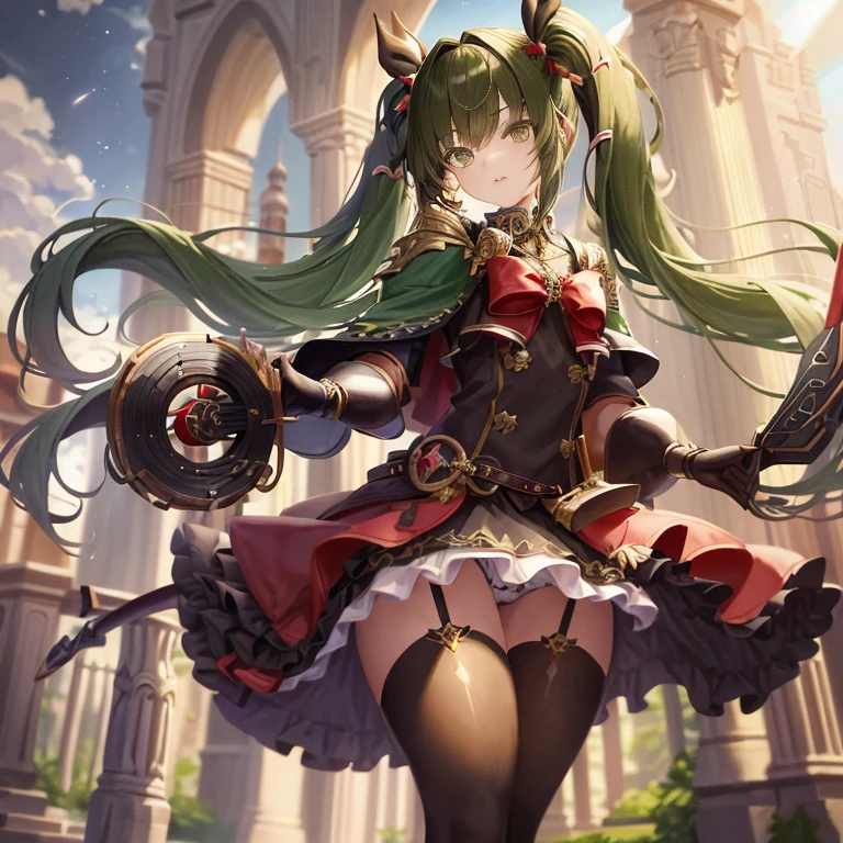 (masterpiece), (best quality), detailed,
1 girl, soro, twintails, long wavy hair twintails.hairs between eyes,dark green eyes ,dark green hair, (magical girl:1.2),
bow, dress, (pink:0.6), over legwear, boots, too many frills, too many bow, standing,striped panties.magical stick, mechanical stick, magic cercle, frying,