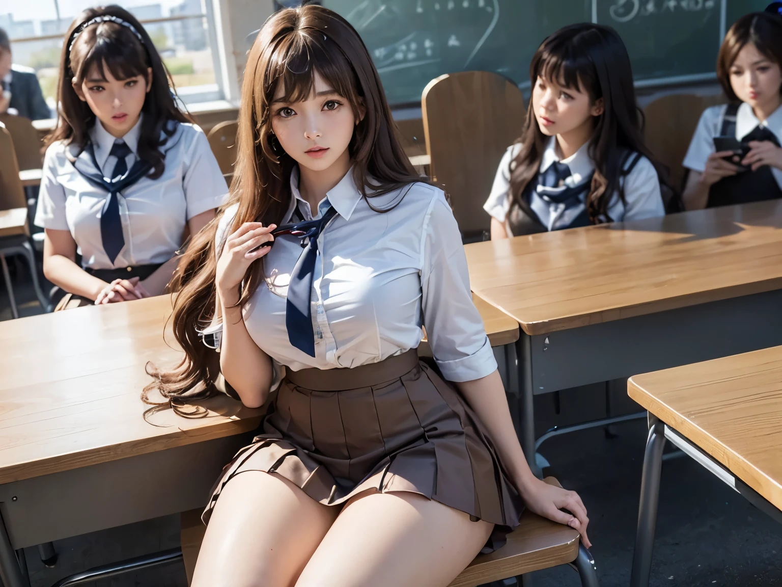 (2young girls), highly detailed girls, (highly detailed face), extremely detailed CG unified 8k wallpaper, highly detailed, High-definition raw color photos, professional photography, Realistic portrait, Cinematic Light, bangs, (hi-school uniform, pleated skirt:1.3), (hi-school uniform with wide open breasts:1.2), See-through sheer panties, (beautiful big breasts:1.2), (open legs), (no panties), cameltoe, desk, sitting, classroom,