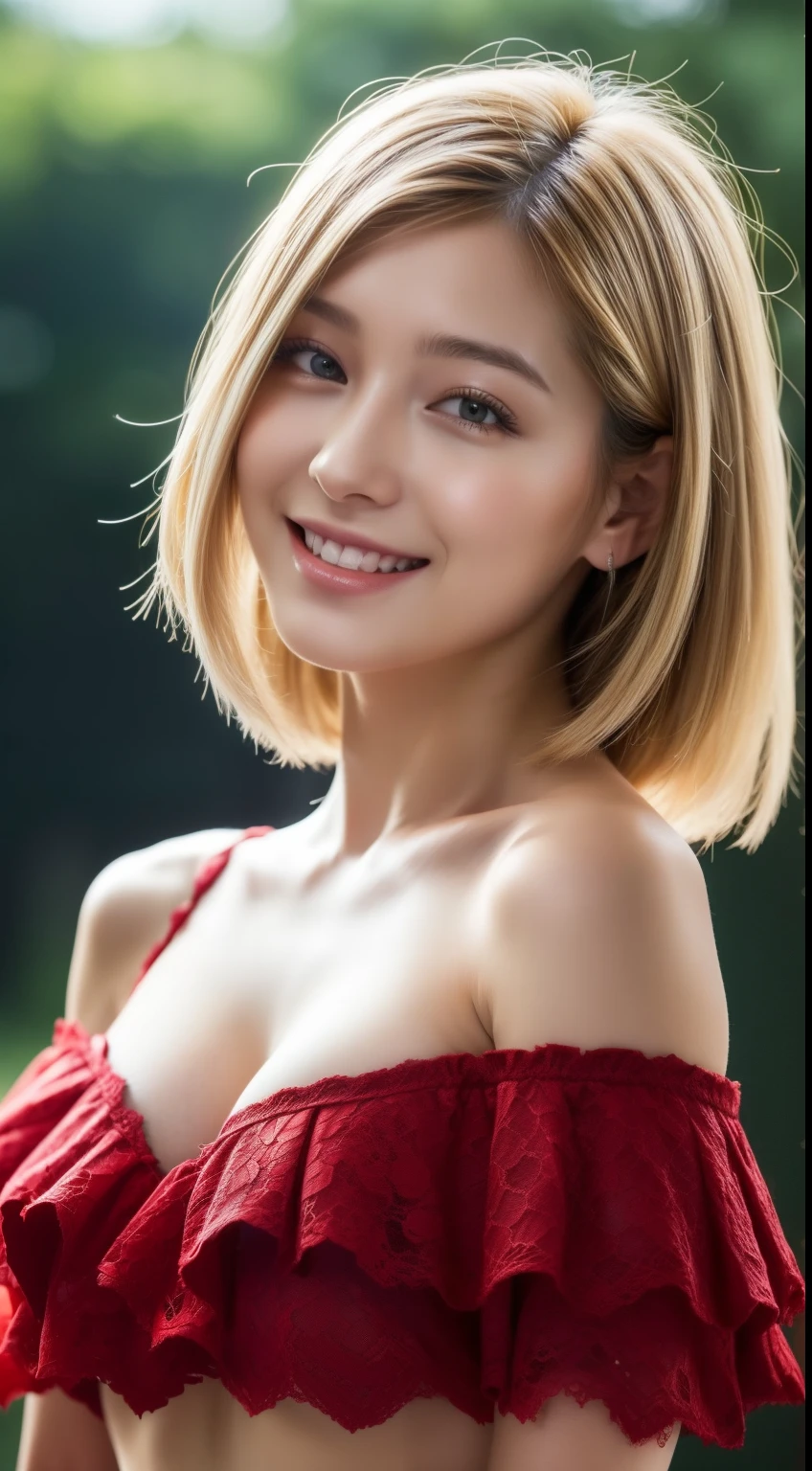 Beautie、Adult face、Looking at the camera、Standing、White hair、short-hair、25-years old、abdominals、Red lace swimsuit、Minimal、The bikini、abdominals、Smile、Resorts、On the rooftop、(masutepiece: 1.0), (Best Quality: 1.4), (Ultra HD: 1.2), (Photorealism: 1.4), (8K, RAW Photos: 1.2),, (25-years old), (Sharp Focus: 1.4) ,