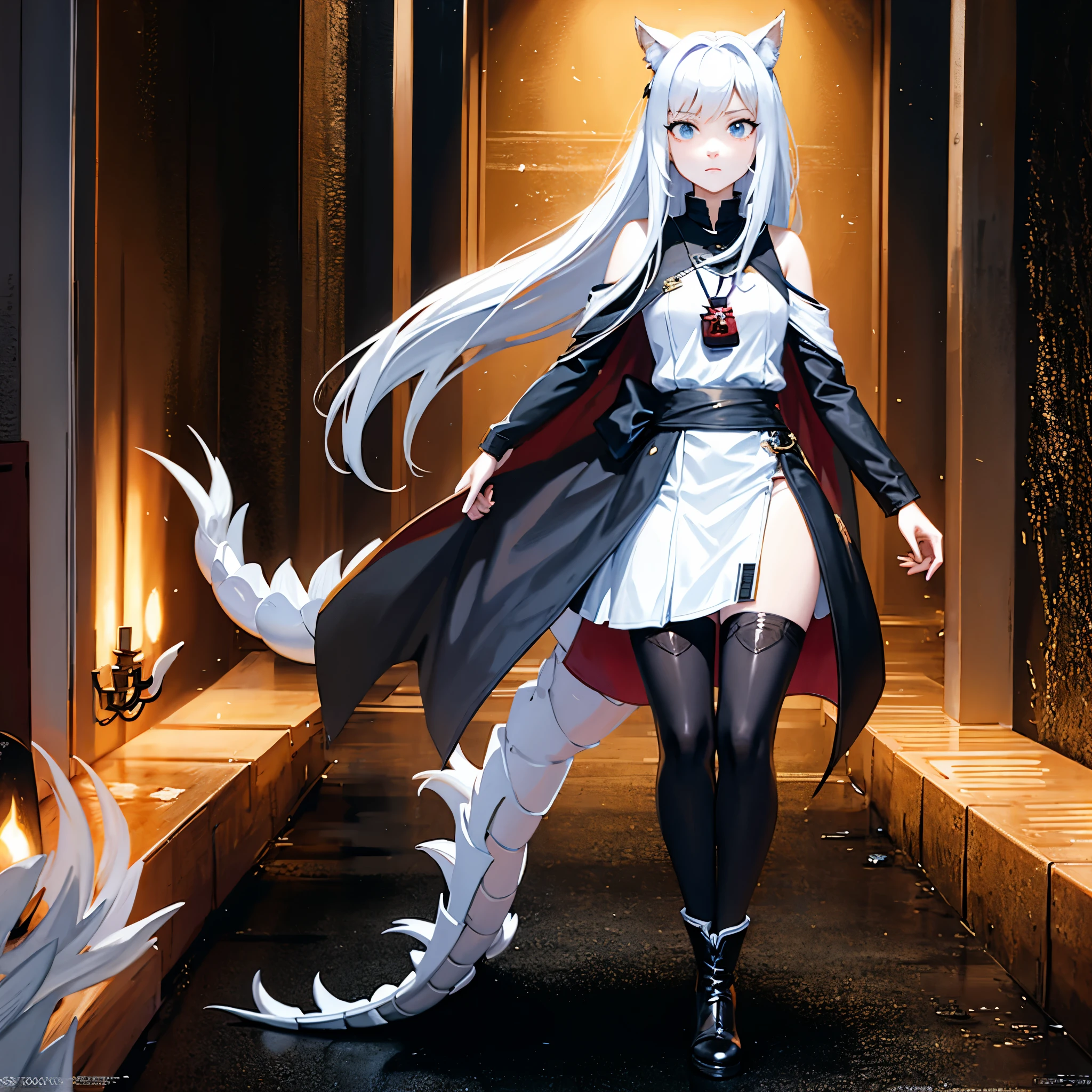 8k, resolution, high quality, high resolution, best quality, best resolution, absurd resolution, ray tracing, high detailed, masterpiece, extremely detailed,shoulder length white hair, female,white 2 wolf ears, teenage girl, slim body, white scale dragon tail,black boots,black leggings, school skirt, white jacket, medium size chest, detailed blue eyes, detailed beautiful face,solo female,1 dragon tail, detailed eyes, tomboyish