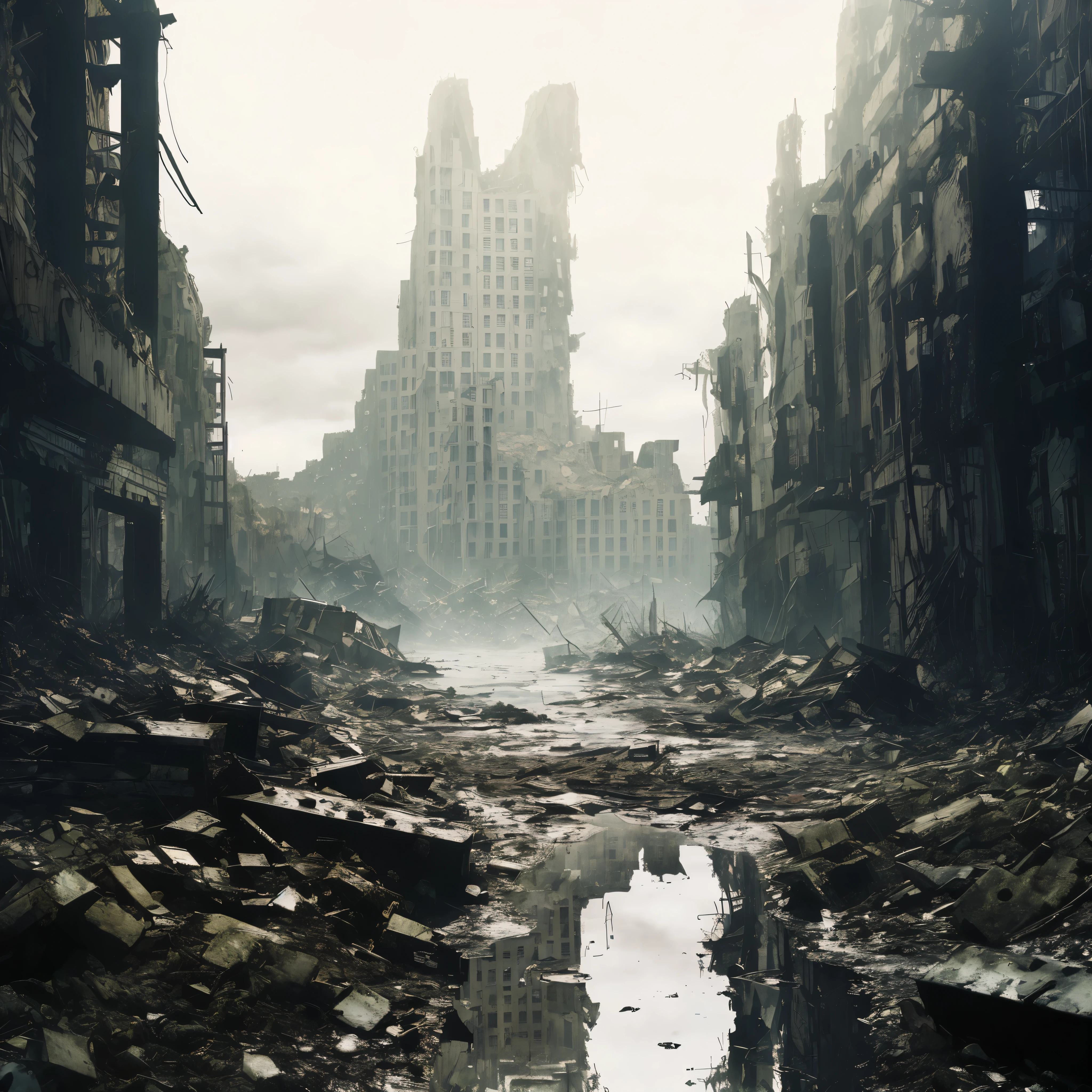 Gorgeous cityscape,There a puddle of water in the middle, in a post apocalyptic city, outdoors ruined cityscape, destroyed city in background, post - apocalyptic city, dystopian wasteland, Ruined cityscape, em uma paisagem urbana arruinada, destroyed city, post - apocalyptic city streets, An abandoned dystopian city, apocalyptic city, post apocalyptic city, dystopian scifi apocalypse, bleak apocalyptic environment