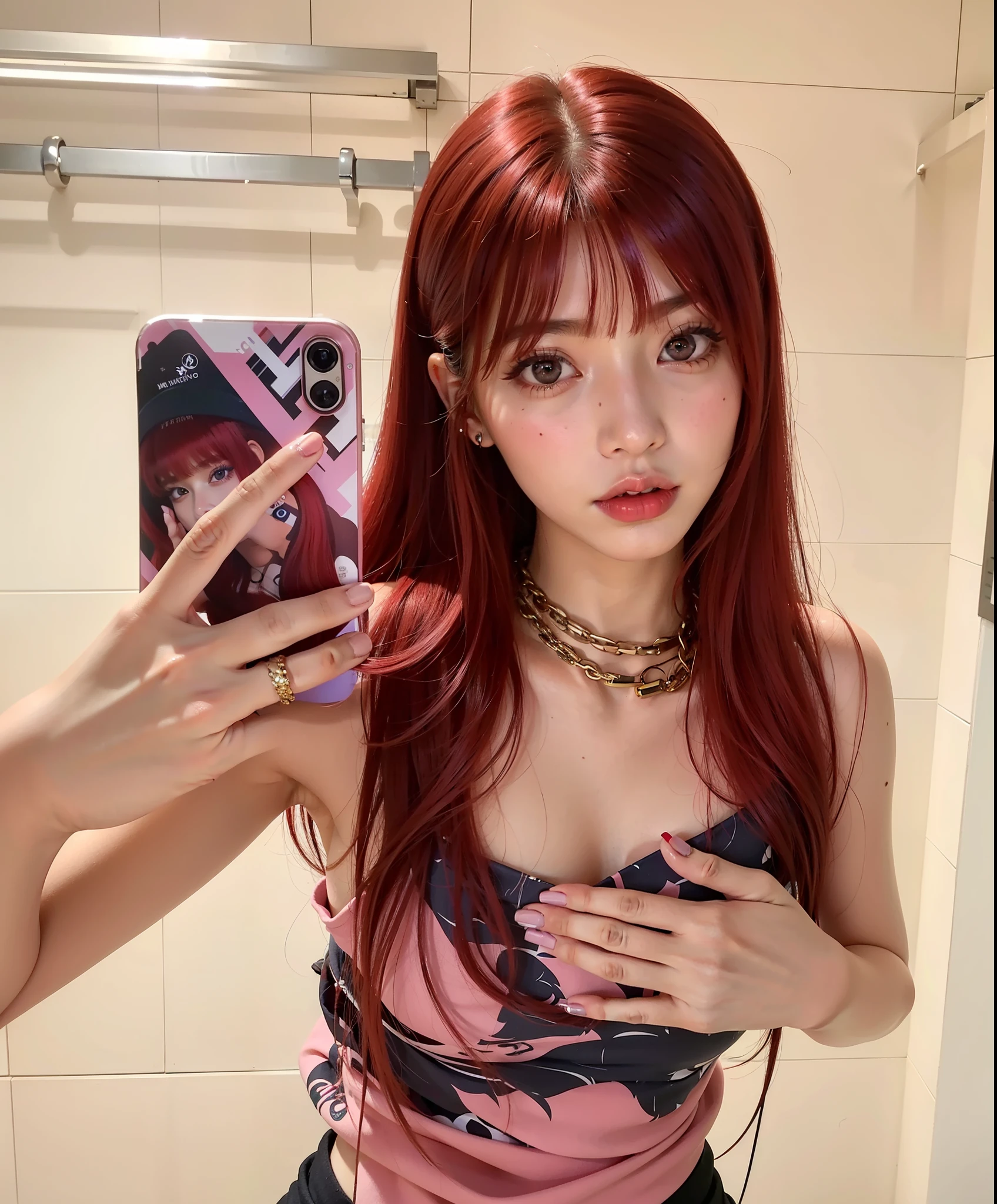 araffe girl with red hair taking a selfie in a bathroom, cruel korean goth girl, ulzzang, with red hair, with long red hair, korean girl, anime girl in real life, jinyoung shin, xision wu, sun yunjoo, beautiful south korean woman, gorgeous young korean woman, jossi of blackpink, xintong chen, with long hair