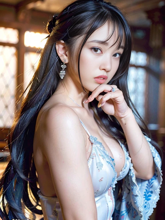 ((realisticity: 1.2)), ((realistic: 8K UHD)), ((best resolution: 8K UHD)), hyper detailed, best quality,masterpiece,highres,cg, ((1 girl hyper detailed and hyper realistic) ) , ((beautiful queen, hyper realistic and hyper detailed)),((white skin, beautiful, smooth, youthful, hyper realistic and hyper detailed )), ((Face hyper beautiful, white, hyper realistic and hyper detailed ) ), long hair, ((hyper realistic and hyper detailed dress)), solo, ((hyper realistic, hyper beautiful, beautiful and hyper detailed jewelry)), ((hyper beautiful sheer deep dress, hyper realistic and hyper detailed )) , ((Her pretty, hyper realistic, hyper detailed diamond filled earrings)), ((Her gorgeous diamond haircut, hyper realistic and hyper detailed)), ((hyper pretty upper body, hyper beautiful, hyper realistic and hyper detailed) ), ((small breast: 1.1)), ((hyper realistic, hyper pretty, hyper detailed boobs)), ((the backgroun of the royal palace hyper majestic, hyper realistic and hyper detailed)),((hands and palms hyper beautiful, hyper detailed, hyper realistic)), ((hyper detailed and hyper realistic fingers and fingernails)), ((hyper pretty fingernails, hyper vivid, hyper detailed, hyper realistic)), ((thumb, index finger, middle finger, ring finger, little finger hyper vivid, hyper pretty, hyper detailed, hyper realistic)), ((hyper beautiful fingers, hyper detailed, and hyper realistic)), ((posture not too fat and not too thin, hyper realistic, hyper detail)), ((hyper pretty, hyper pretty, hyper realistic and hyper detailed hair bun)), ((hyper pretty , hyper realistic and hyper detailed blue hair)), candid, Photo, high resolution, 8k , bokeh,