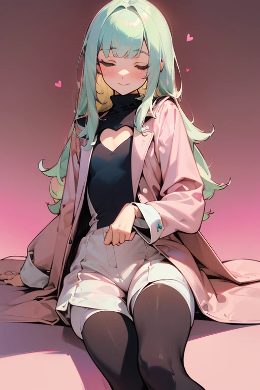 (Masterpiece: 1.5, best quality, high resolution: 1.3, super resolution, super detailed, ultra detailed: 1.3, rich background: 1.2, 1 guy)) pale skin + lime green hair + long hair + closed eyes + long eyelashes + sweetheart bangs + face-framing strands + sea jellyfish haircut + slight blush + androgynous body + flat chest + medium hips (jacket with fluff on the hood and wrists + dark thigh-high stockings + high boots + loose short jumpsuit with turtleneck) ((smile with closed eyes, a small dessert and a spoon, pink background with hearts + androgynous appearance) (colors for clothes: white, brown, pink, dark blue, cream)