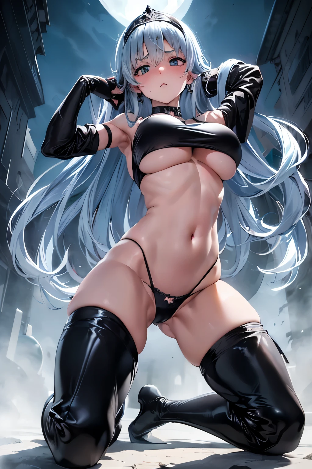 muste piece, best quality, 1 girl,light blue hair, (black eye:1.2),((((black underwear))))、((first round))、((embarrassed expression))、((full moon))、((Photo from below))、(((thigh high boots)))、((long hair))、((Black Long Gloves))、((Kneeling))、((black panties))、((tiara))、((big breasts))、((hands behind head))、((spread legs))