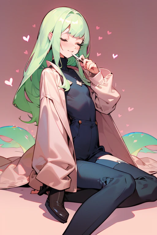 (Masterpiece: 1.5, best quality, high resolution: 1.3, super resolution, super detailed, ultra detailed: 1.3, rich background: 1.2, 1 guy)) pale skin + lime green hair + long hair + closed eyes + long eyelashes + sweetheart bangs + face-framing strands + sea jellyfish haircut + slight blush + androgynous body + flat chest + medium hips (jacket with fluff on the hood and wrists + dark thigh-high stockings + high boots + loose short jumpsuit with turtleneck) ((smile with closed eyes, a small dessert and a spoon, pink background with hearts + androgynous appearance) (colors for clothes: white, brown, pink, dark blue, cream)