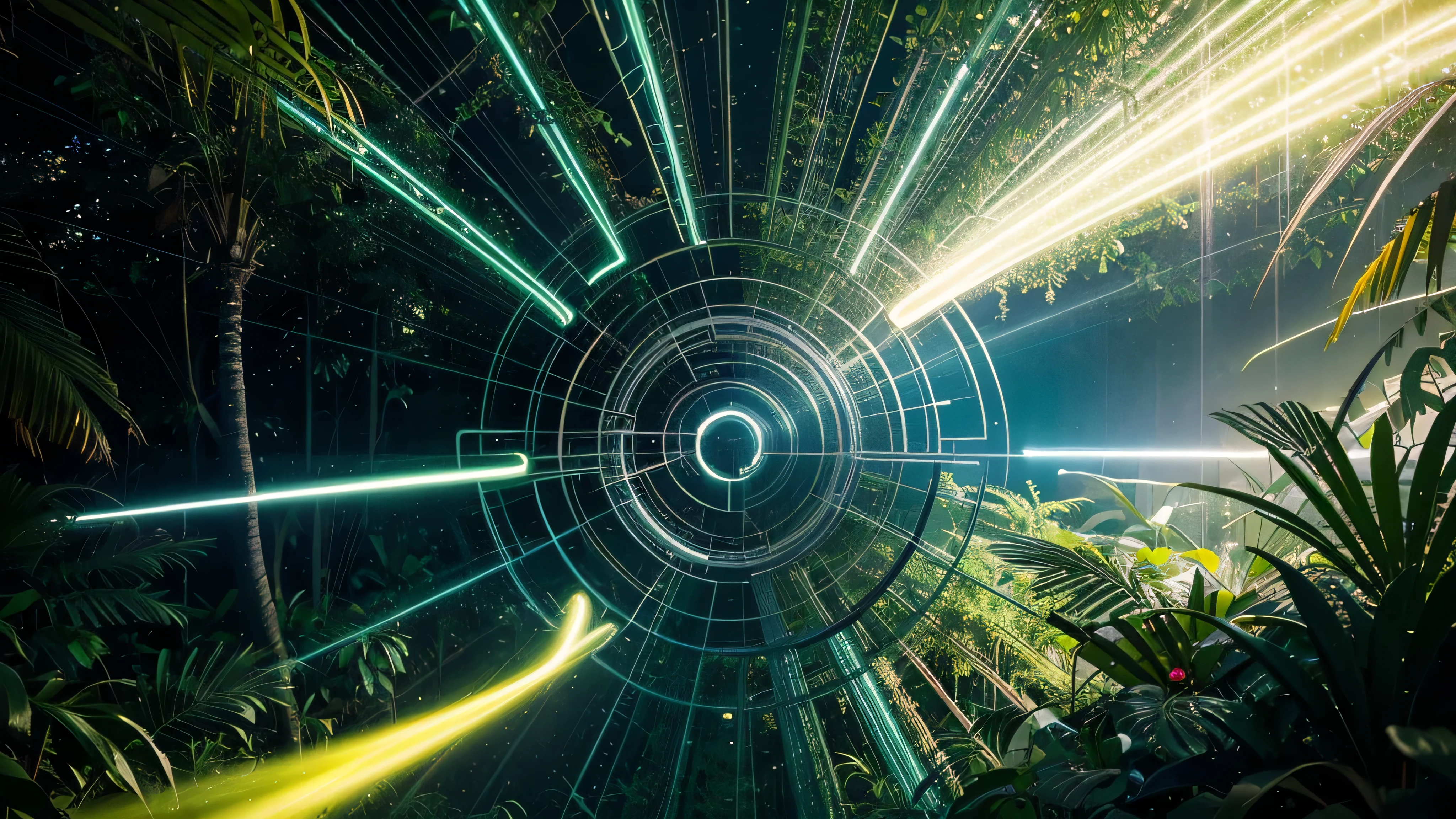 futuristic brazilian jungle, light abstraction, Cover art with light abstraction, vector art, Contemporary art, Gradient of color, Soft color palette, layered forms, Whimsical animation, The style is ethereal and abstract Completed50%