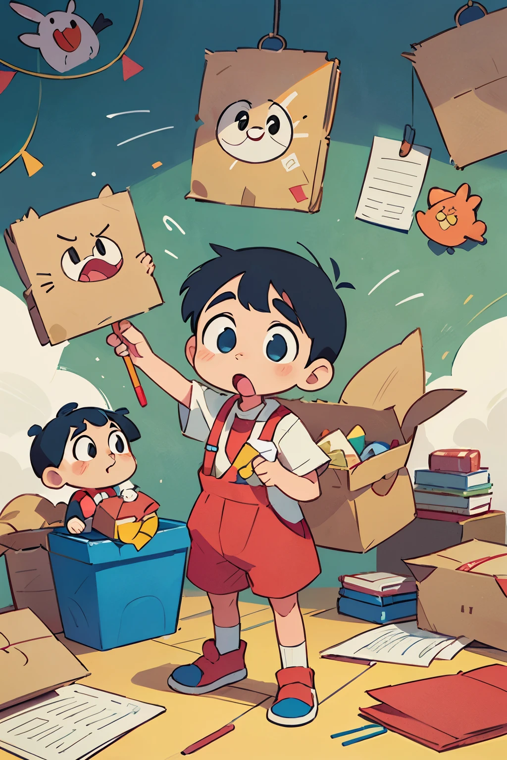 A children's book cover depicts a young child playing wearing a homemade costume made out of cardboard and papers. Crayon shin-chan art style