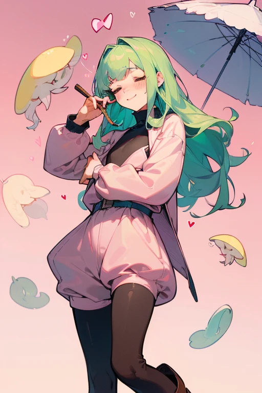 (Masterpiece: 1.5, best quality, high resolution: 1.3, super resolution, super detailed, ultra detailed: 1.3, rich background: 1.2, 1 guy)) pale skin + lime green hair + long hair + closed eyes + long eyelashes + sweetheart bangs + face-framing strands + sea jellyfish haircut + slight blush + androgynous body + flat chest + medium hips (jacket with fluff on the hood and wrists + dark thigh-high stockings + high boots + loose short jumpsuit with turtleneck) ((smile with closed eyes, a small dessert and a spoon, pink background with hearts + androgynous appearance) (colors for clothes: white, brown, pink, dark blue, cream)