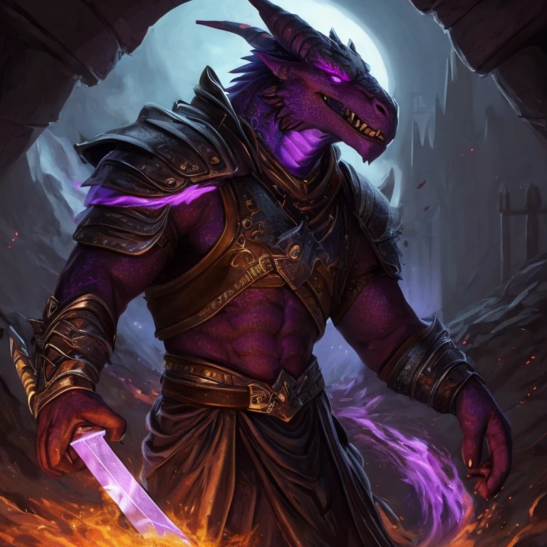 Ultra realistic, hyperrealistic, highly detailed scale texture, d&d dragonkin, green scales, glowing purple eyes, glowing purple scales, wearing rough leather armour, holding purple flame sword, dark dungeon background, glowing magic effects,