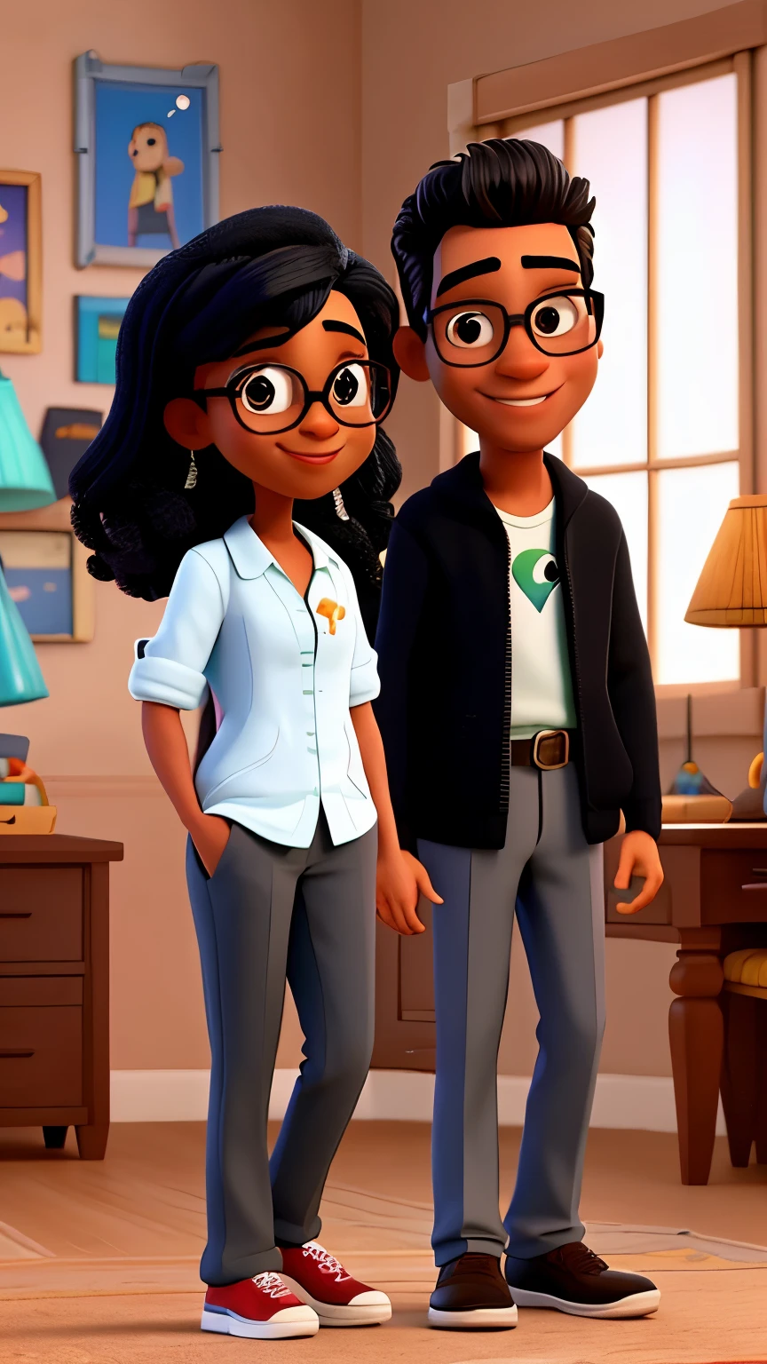 Um casal estilo Disney Pixar , alta qualidade. The man is black and is wearing glasses. A mulher esta sorrindo.