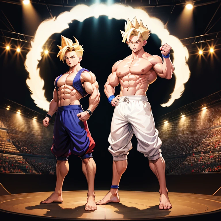 , High quality full body image of Gohan as a bodybuilder, He&#39;s only wearing thong briefs, ohne Schuhe, Feet, bare Feet, massive muscular body, huge muscular shoulders, Massive big biceps, Venen im Bizeps, Muskelbeine, massive muscular abs, Bizepsflex. posierend, er schwitzt, very muscular, The toned body shines in the spotlight, he is standing on a stage, much muscular sexy, Bodybuilding-Pose, clean-shaven body