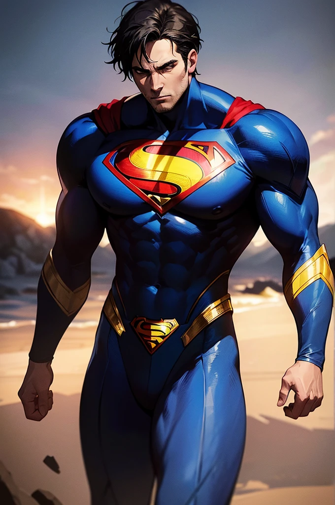 SUPERMAN with thick muscle tone (full body) raised from the air the angle is 60 degrees as if seen from below in a (position of stillness) his arms attached to the body image with some contrast (AWESOME) his cape moves slightly in the breeze , (MARKED DETAILED FACTIONS) perfect detailed eyes ((YELLOW)) SHOOTING RAYS through his eyes ((high quality)) ((definition)), vivid colors DARK BLUE SUIT and deep details ((HDR)) type ((COMIC)) style (cinematic) in RAW format (soft shadows) the scene takes place in an apocalyptic world in the style of (ZACK SNYDER)