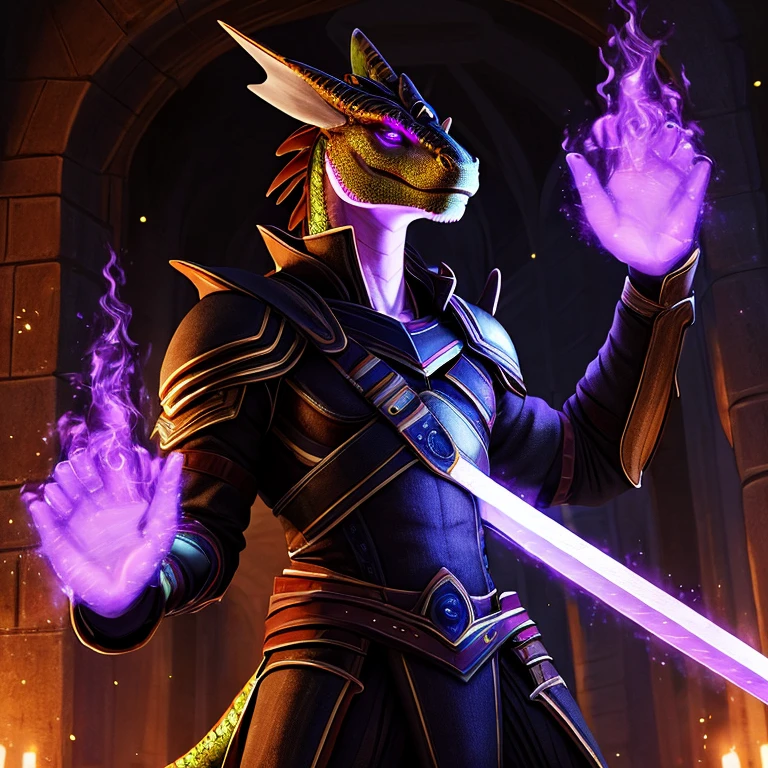 Ultra realistic, hyperrealistic, highly detailed scale texture, lizardfolk, green scales, glowing purple eyes, glowing purple tattoos, wearing leather armour, holding purple flame sword, dungeon background, glowing magic effects, 