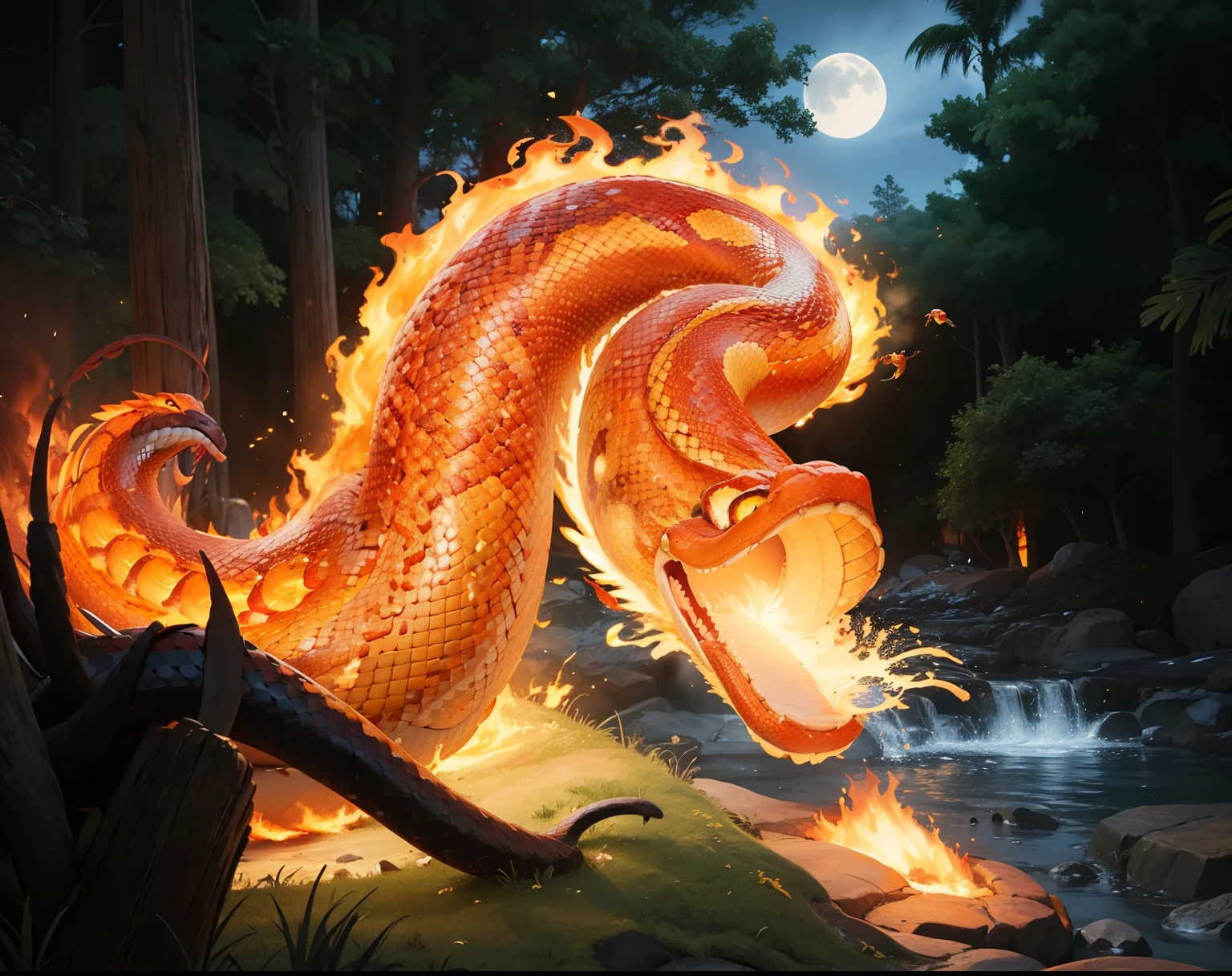 fire flaming serpent, detailed hot maw, giant snake, serpent, snake mouth, Giant fire snake, giant fire cobra, High res, 8K, masterpiece, smooth game art, blank background