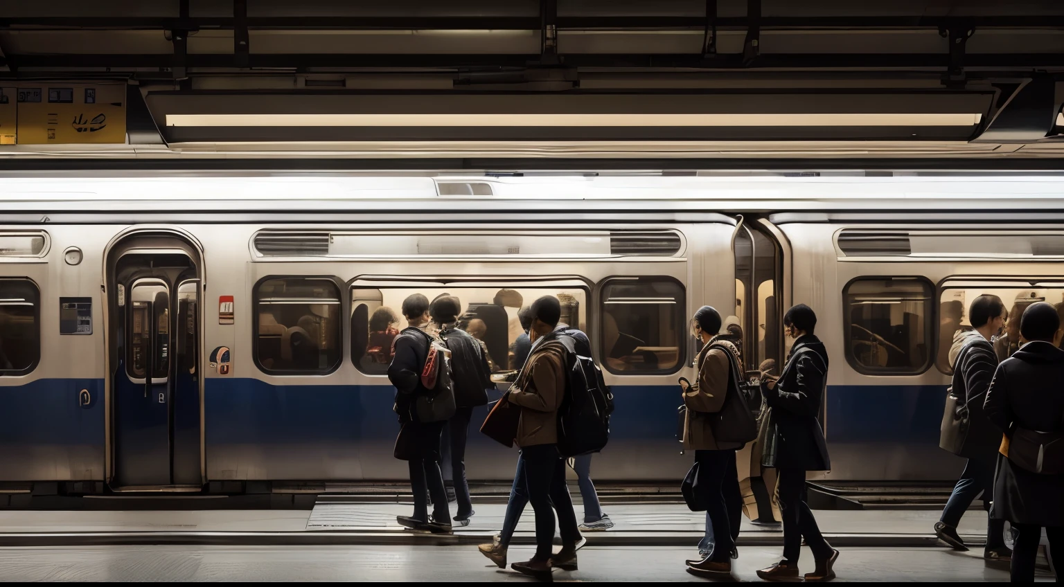 (best quality,high resolution,ultra-detailed,realistic:1.2), crowded train station platform, eye-level perspective, vibrant atmosphere, trains, way back home, night station, waiting for trains, lively crowd, dynamic movements, modern architecture, hustle and bustle of daily life, rush hour station scenery.