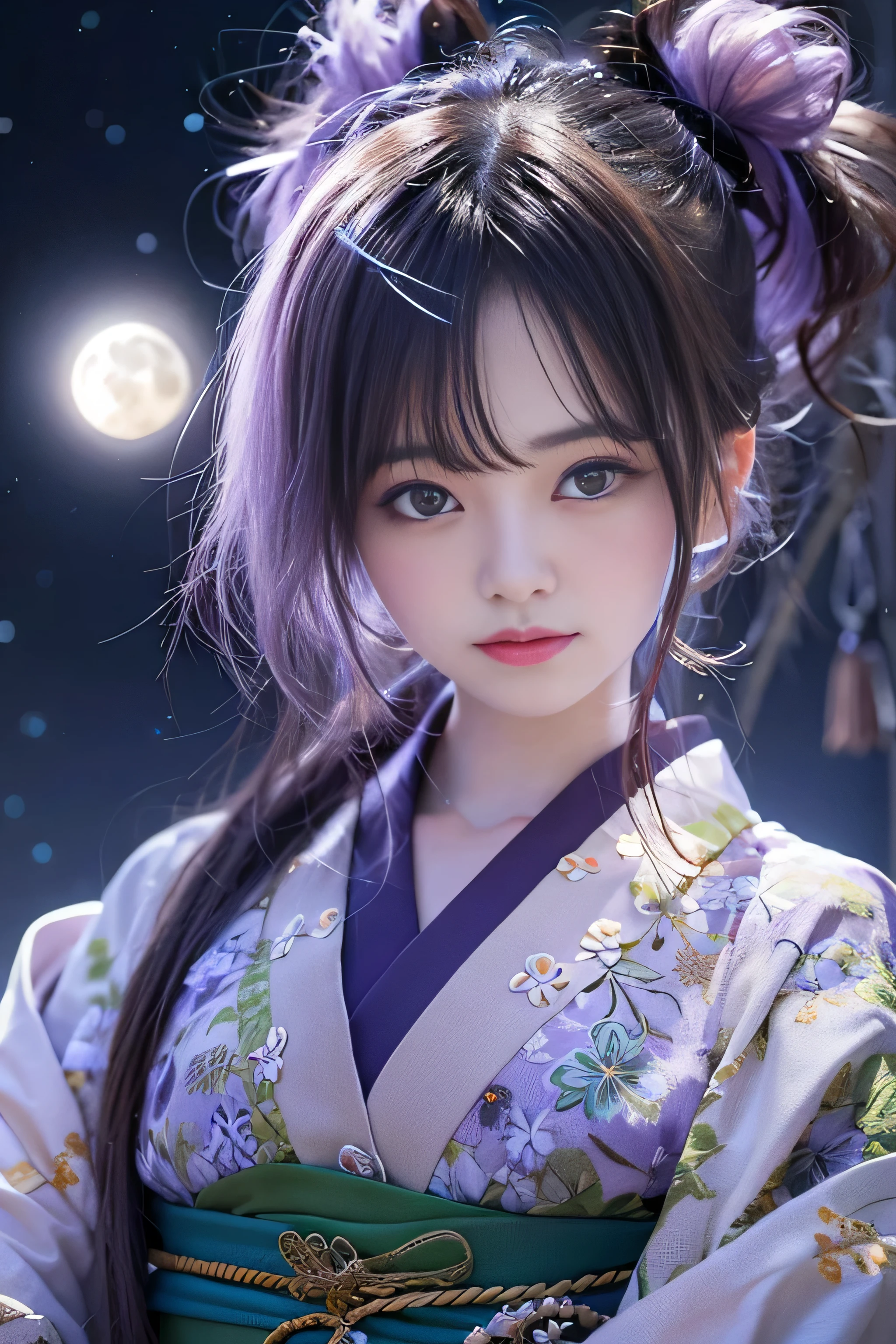 highest quality、ultra high resolution、(Photoreal:1.4)、1 girl、white and light purple kimono、tied hair、moonlit night background、looking at the viewer、close、facing the front、big moon、japanese hair