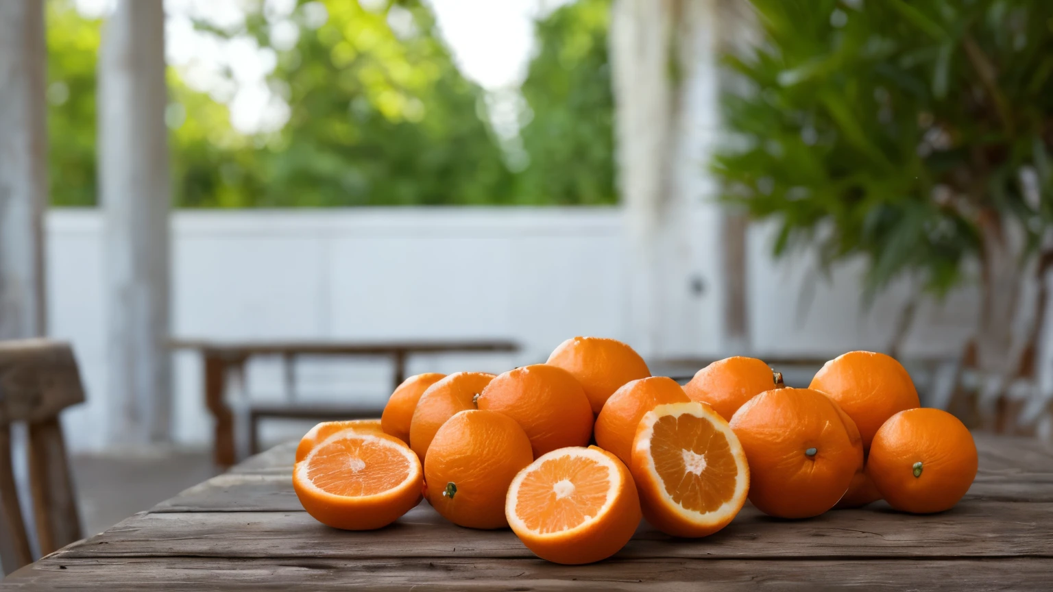 a perfect well-lit (closeup:0.2) (wide shot landscape:0.6) photograph of a bunch of orange fruits on a wooden table