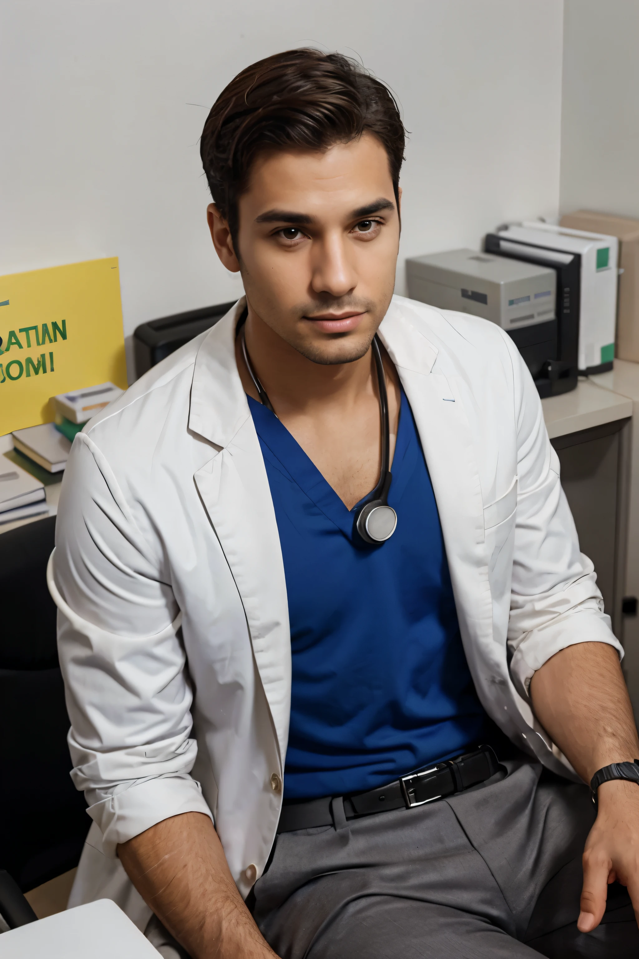 male doctor with Brazilian features in the office sitting with a stethoscope around his neck and a white coat